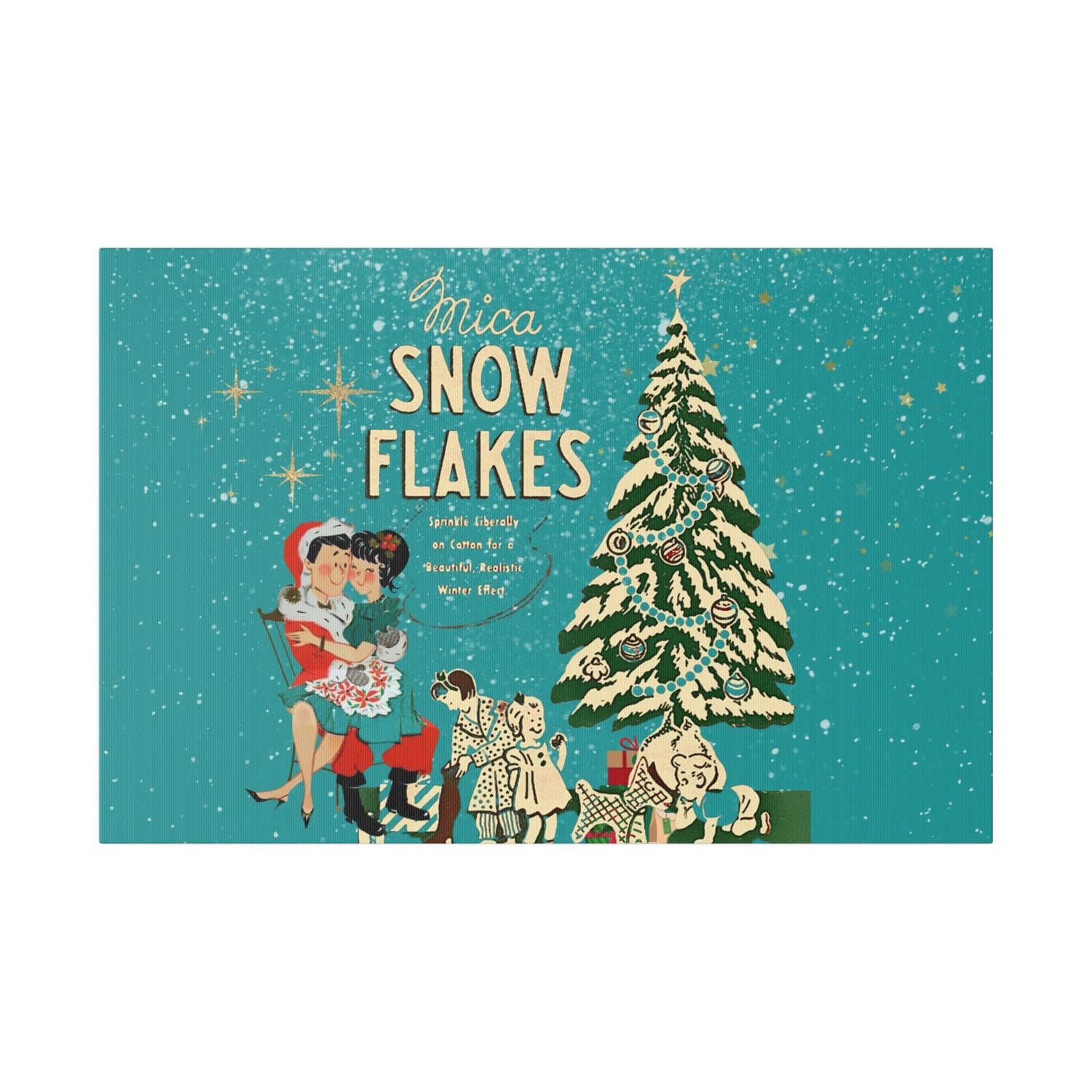 Mid Century Modern Kitschy Christmas Mantel Wall Art, Teal Blue, Mica Snow 50s Mod Couple Christmas Scene Canvas Art - Mid Century Modern Gal