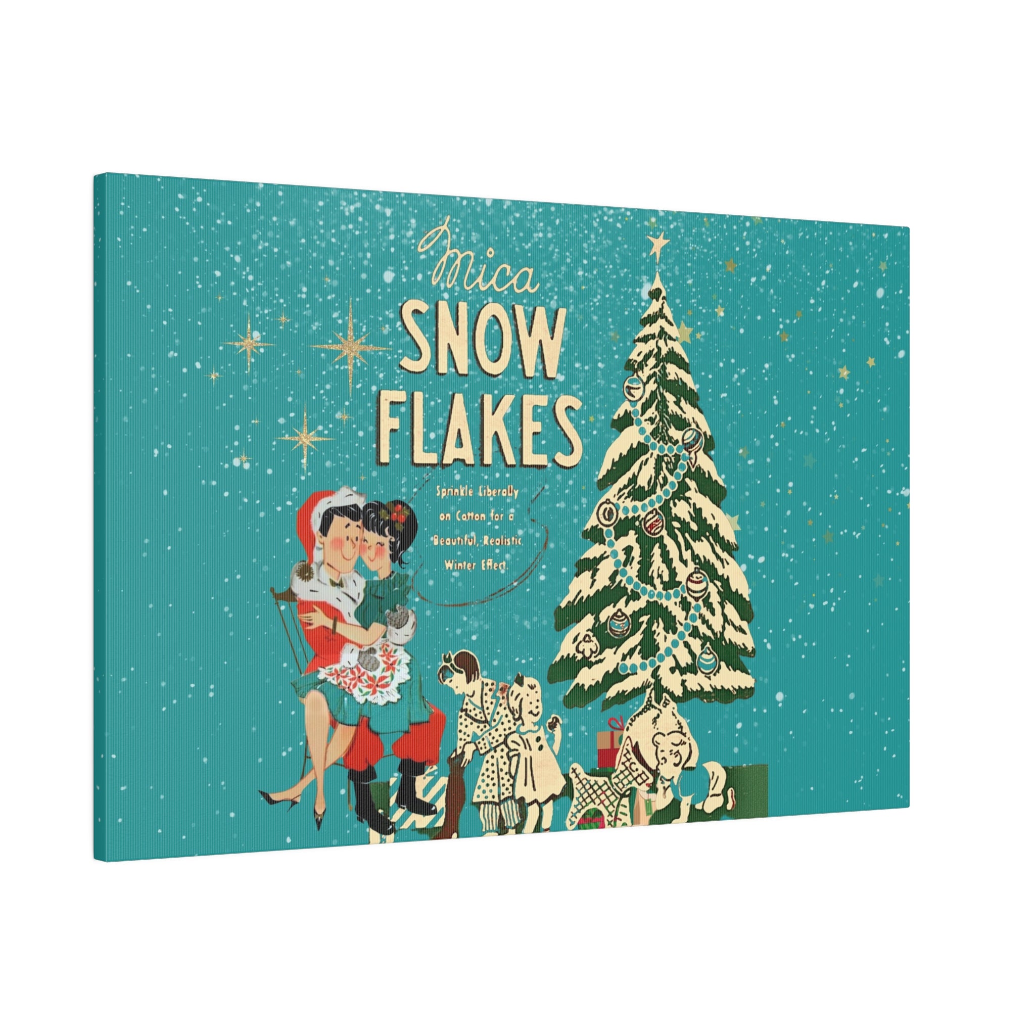 Mid Century Modern Kitschy Christmas Mantel Wall Art, Teal Blue, Mica Snow 50s Mod Couple Christmas Scene Canvas Art - Mid Century Modern Gal