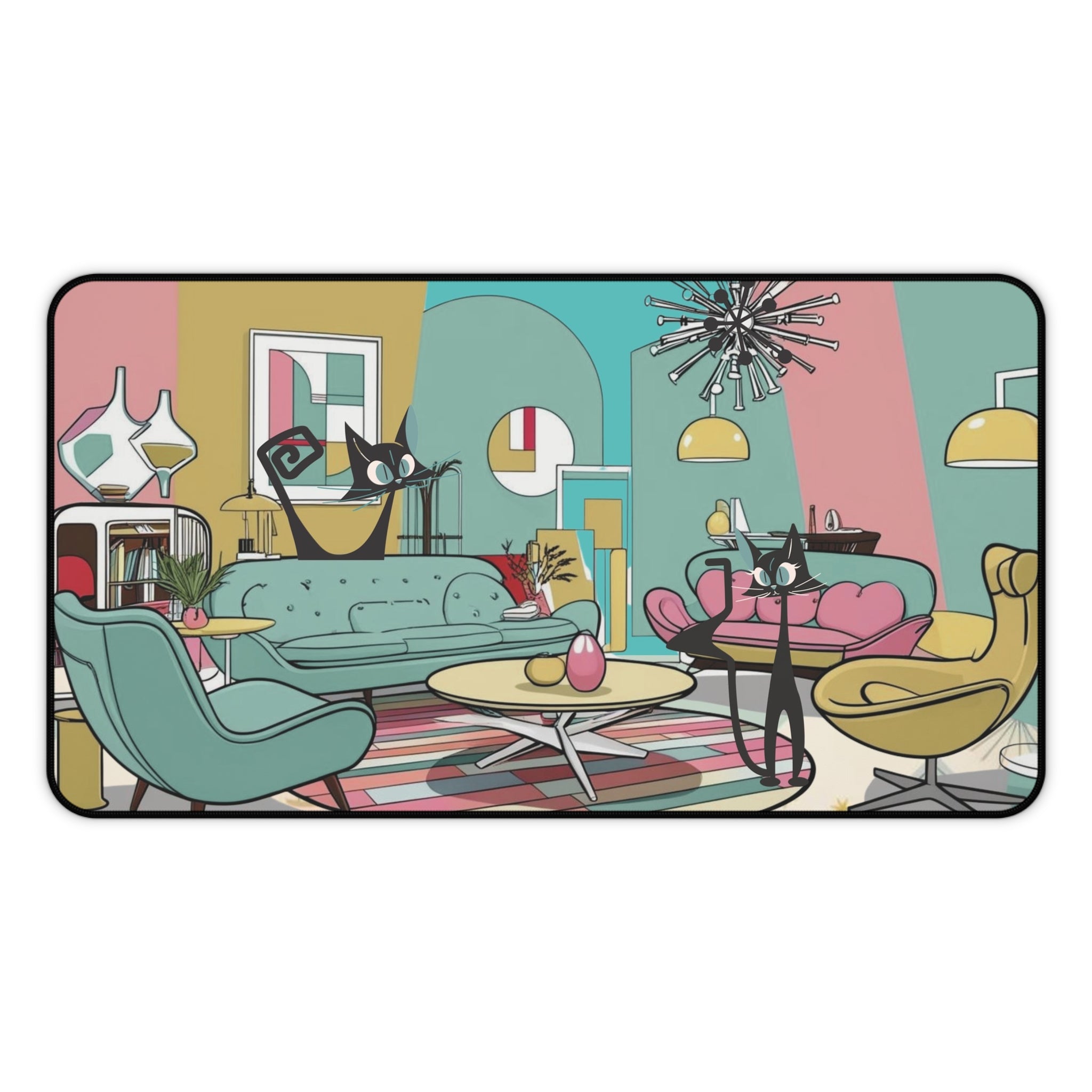 Mid-Century Modern Atomic Kitschy Cats Desk Mat - Stylish Home Office Decor - Mid Century Modern Gal