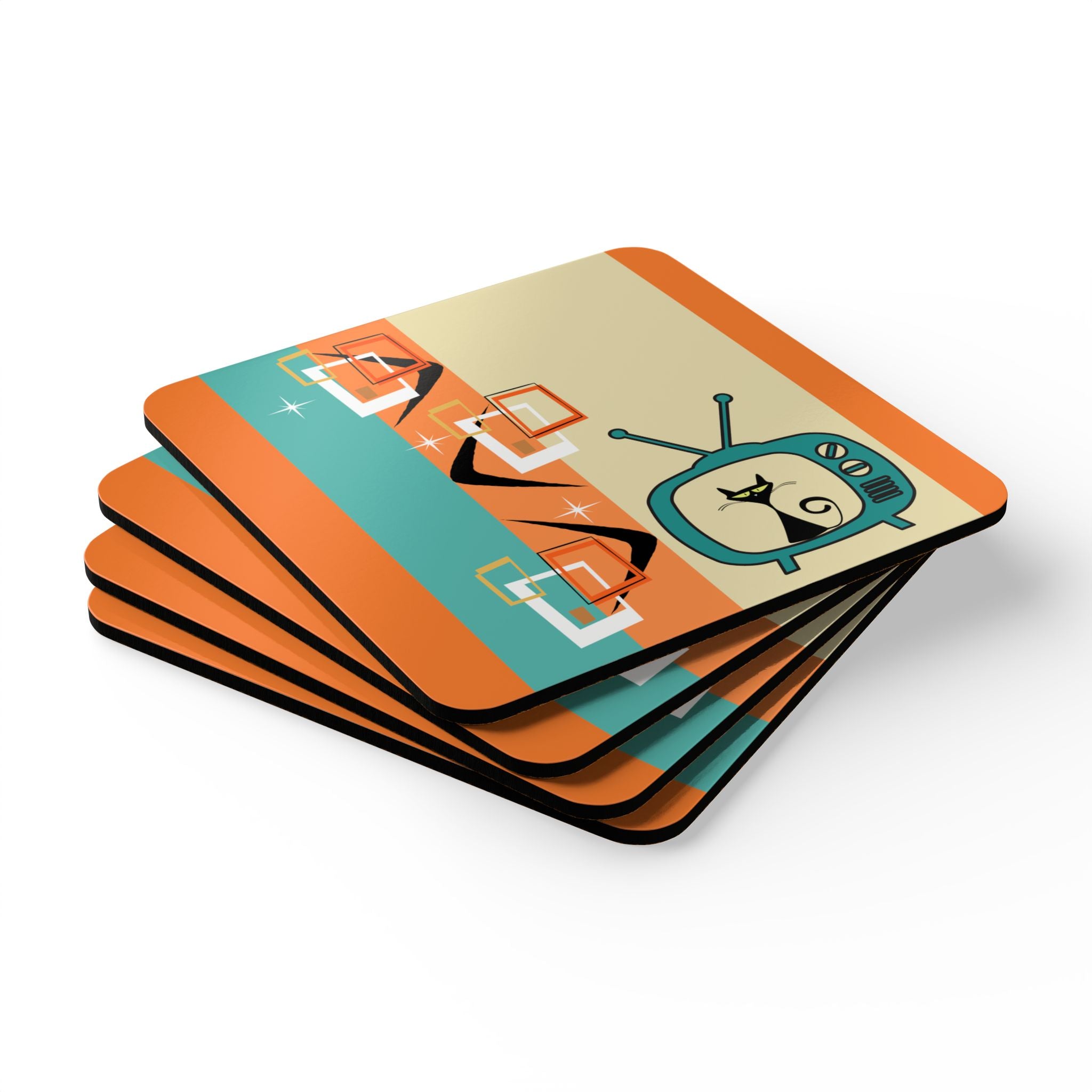 Atomic Cat Retro Kitschy Cute Boomerang Starburst Mid Mod Corkwood Coaster Set - Mid Century Modern Gal