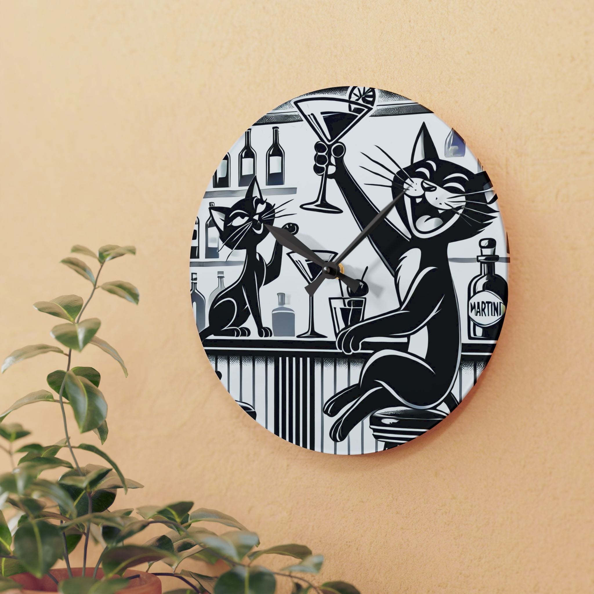 Atomic Cat Mid Century Modern Bar, Kitschy Quirky Mod Acrylic Wall Clock - Mid Century Modern Gal