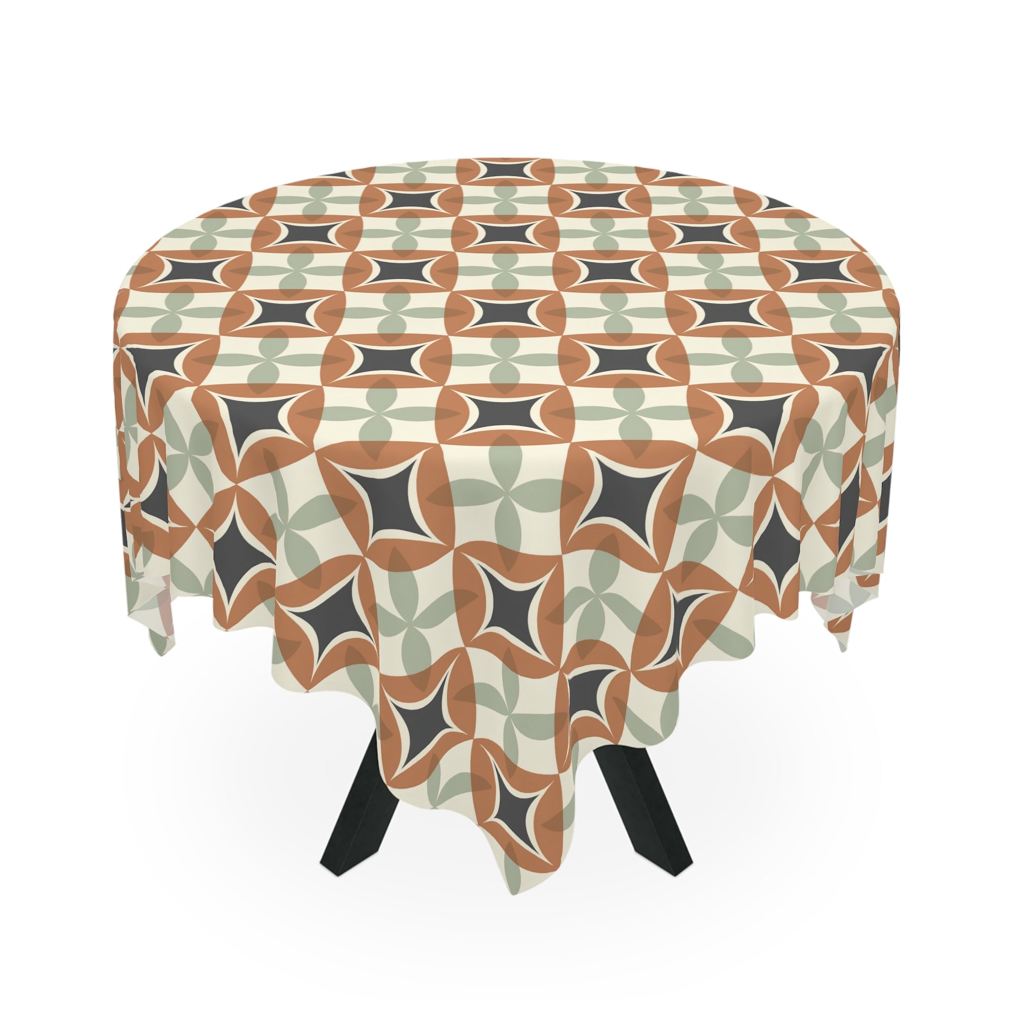 Mid Century Modern Interlocking Geometric, Terracotta Sage Charcoal Tablecloth - Mid Century Modern Gal