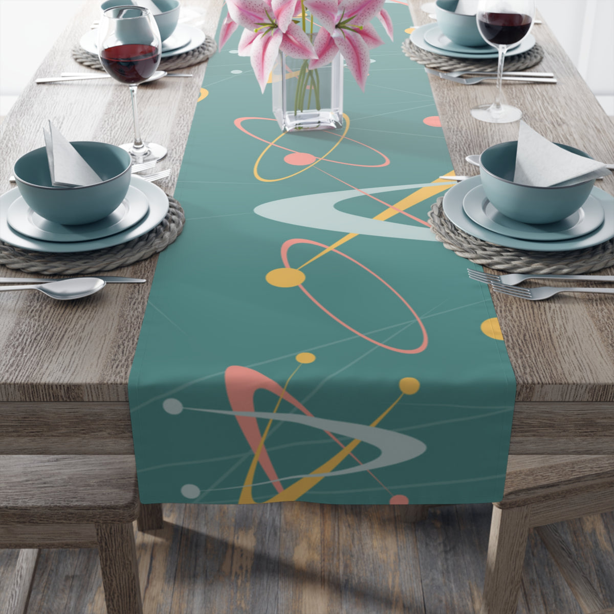 1950s Atomic Table Runner, Teal, Pink, Yellow Boomerang Abstract Retro Kitchen - Mid Century Modern Gal