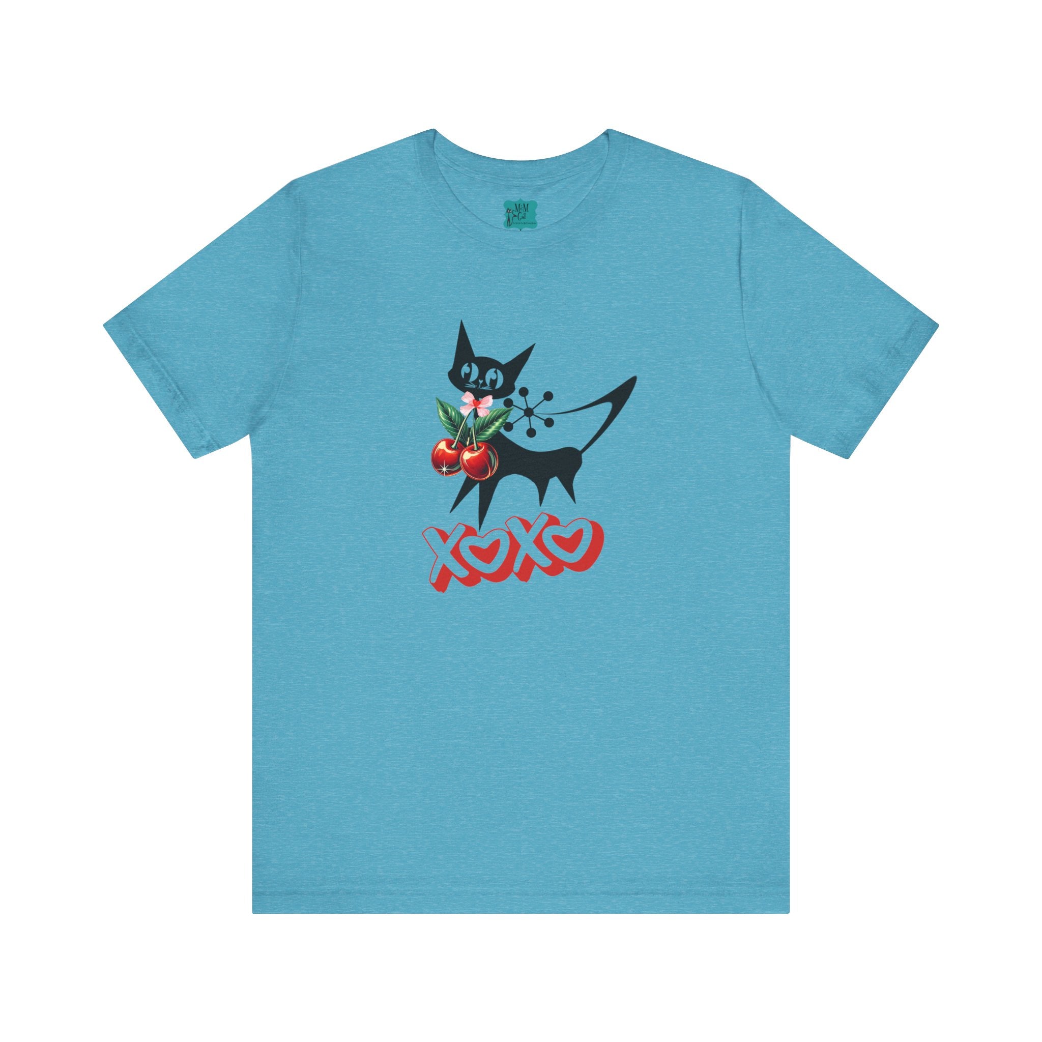 Atomic Cat Valentine Retro Cherries, Playful Cat Graphic Tee, XOXO Love Shirt, Gift for Cat Lovers, Fun Atomic Cherry 50s Fashion - Mid Century Modern Gal