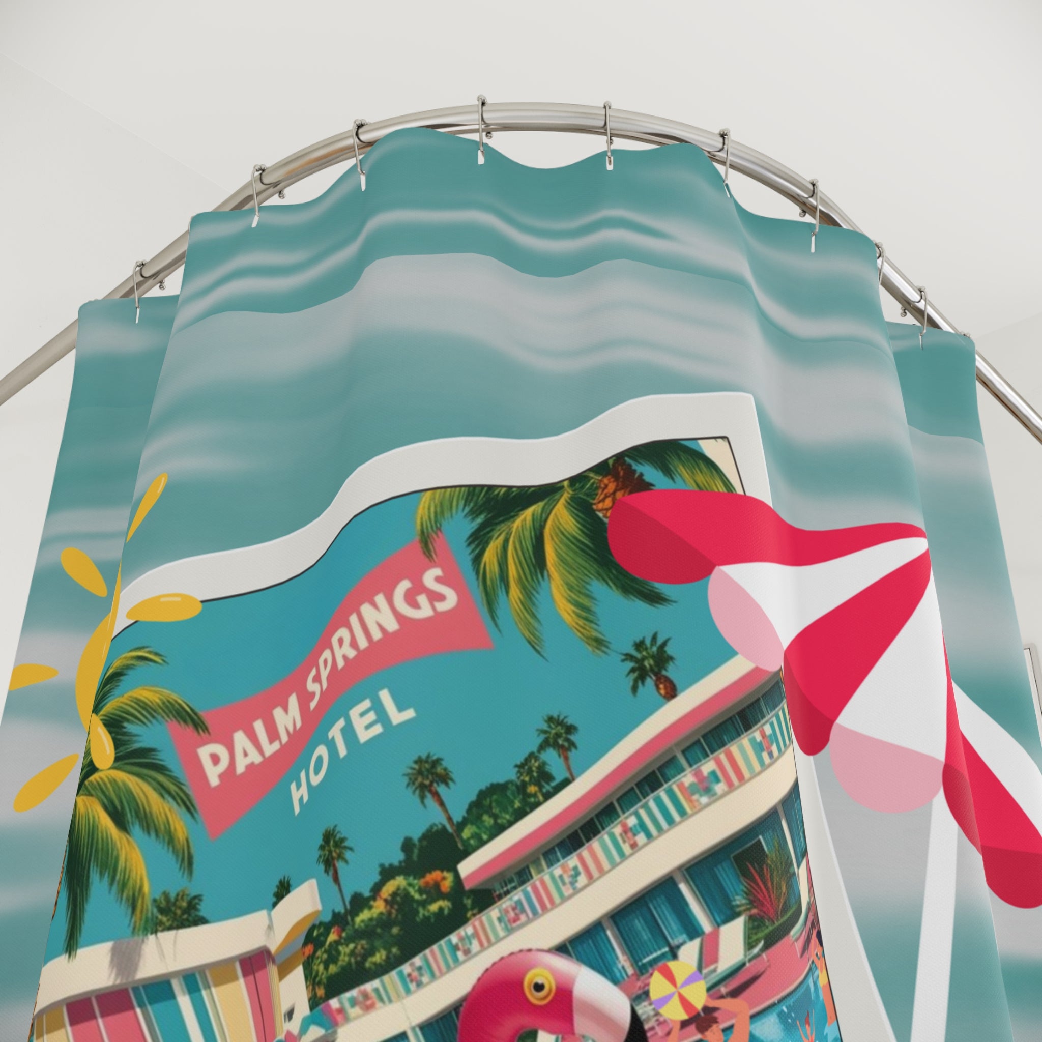 Palms Springs Hotel, Kitschy Flamingo, Atomic Cats Tropical Palm Springs Shower Curtain - Retro Summer Vibes - Mid Century Modern Gal