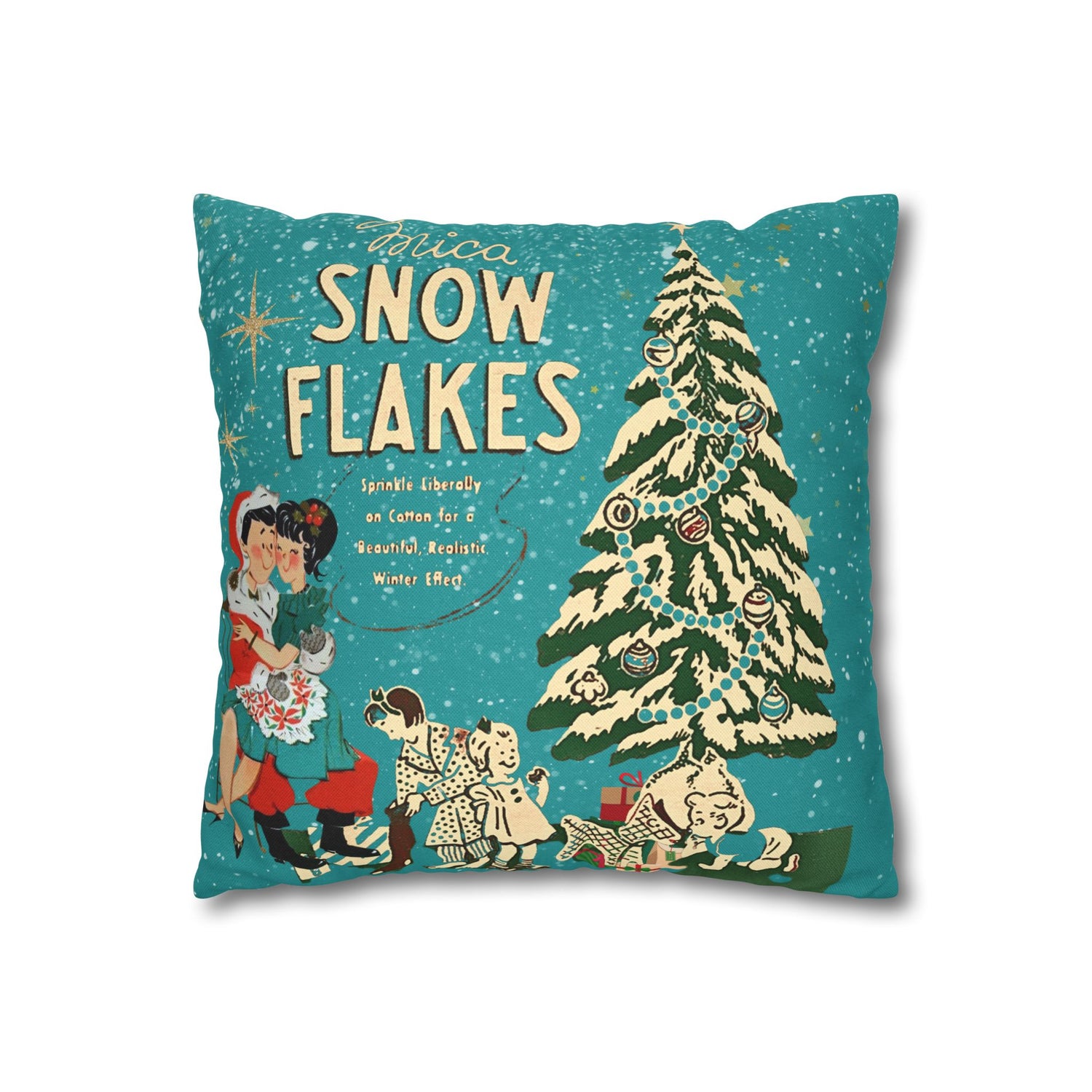 50s Mica Snow Christmas Pillow, Kitschy Mod Couple, Festive Fun Pillow Cover - Mid Century Modern Gal