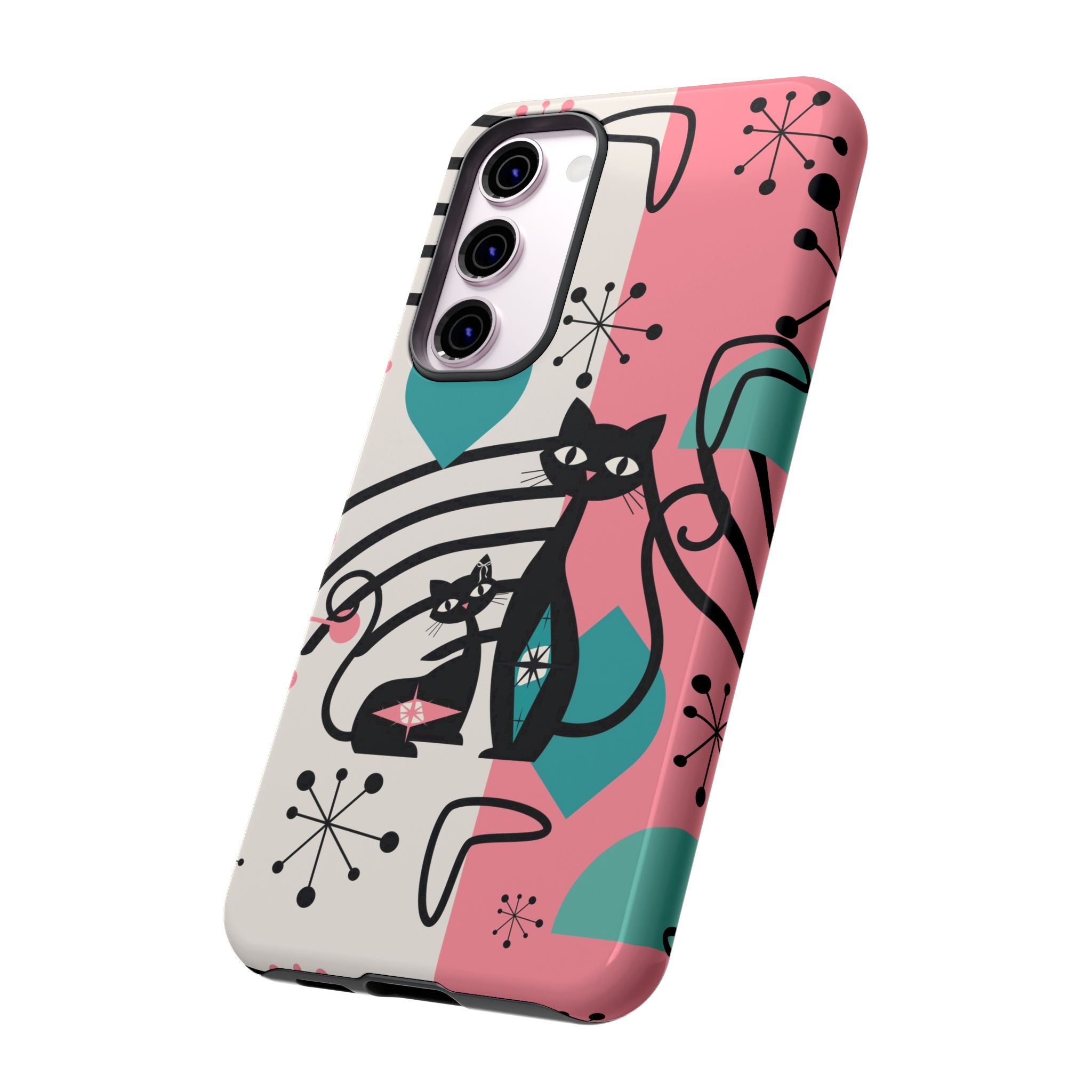 Mid Mod Atomic Cat Boomerang Starburst, Pink, Black Kitschy Stylish Cat Phone Case: Modern Design for Cat Lovers