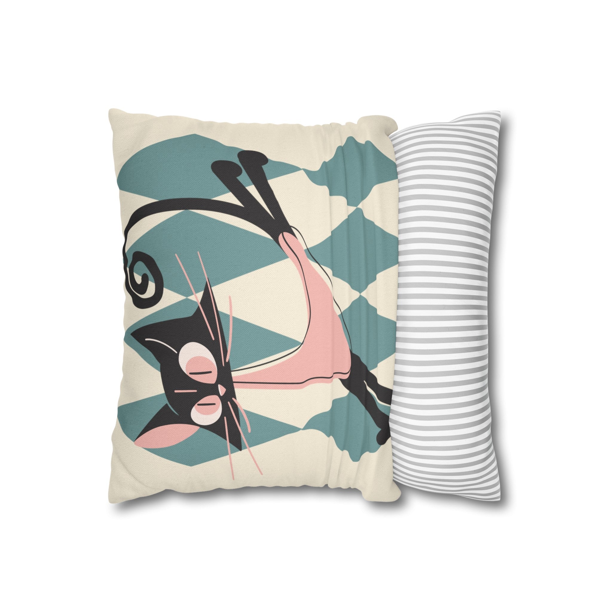 Atomic Kittie, Boomerang Mid Mod Atomic Cat, Harlequin Diamond Kitschy Pillow Cover - Mid Century Modern Gal