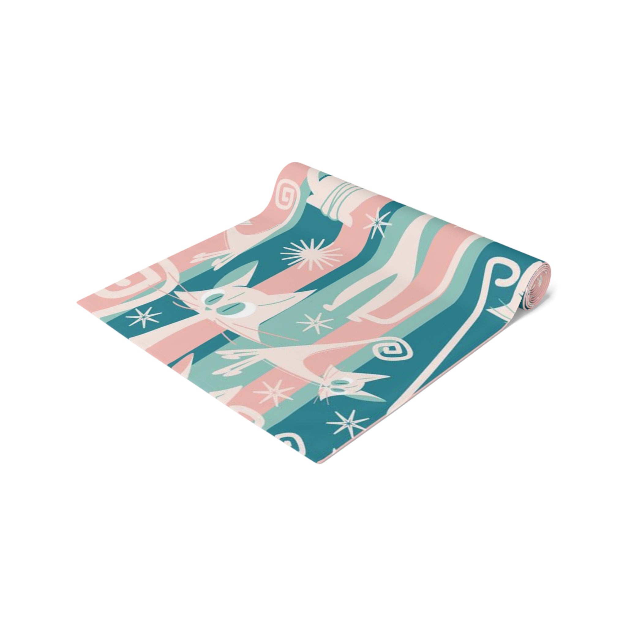 Kitschy Cat Cafe Aqua, Pink Bespoke Home Decor, Mid Century Modern Table Runner - Mid Century Modern Gal