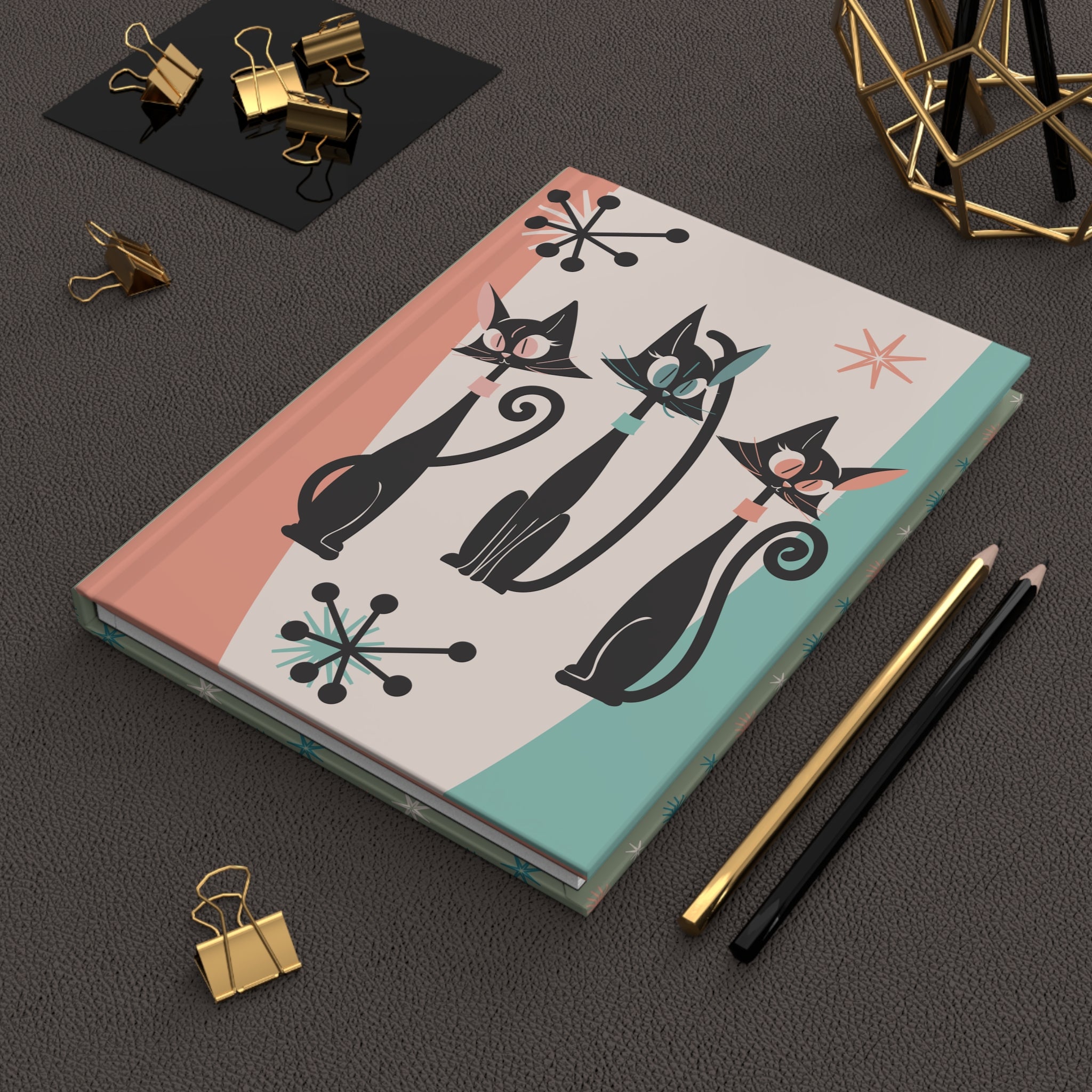 Atomic Cat Mid Century Modern Office Notebook, Starburst Kitschy Hardcover Journal - Mid Century Modern Gal