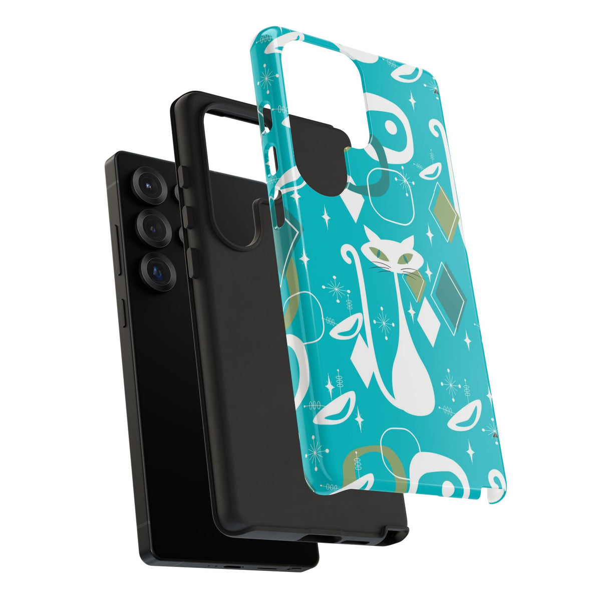 Atomic Cat Space Designs, Mid Century Modern, Aqua, White Kitschy Cat Tough Phone Case