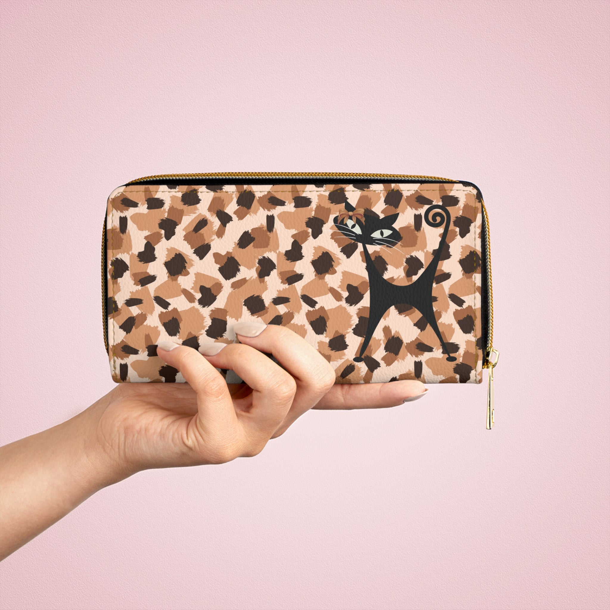 Mid Century Modern Animal Print, Jungle Print Atomic Cat Kitschy Fun Zipper Wallet - Mid Century Modern Gal