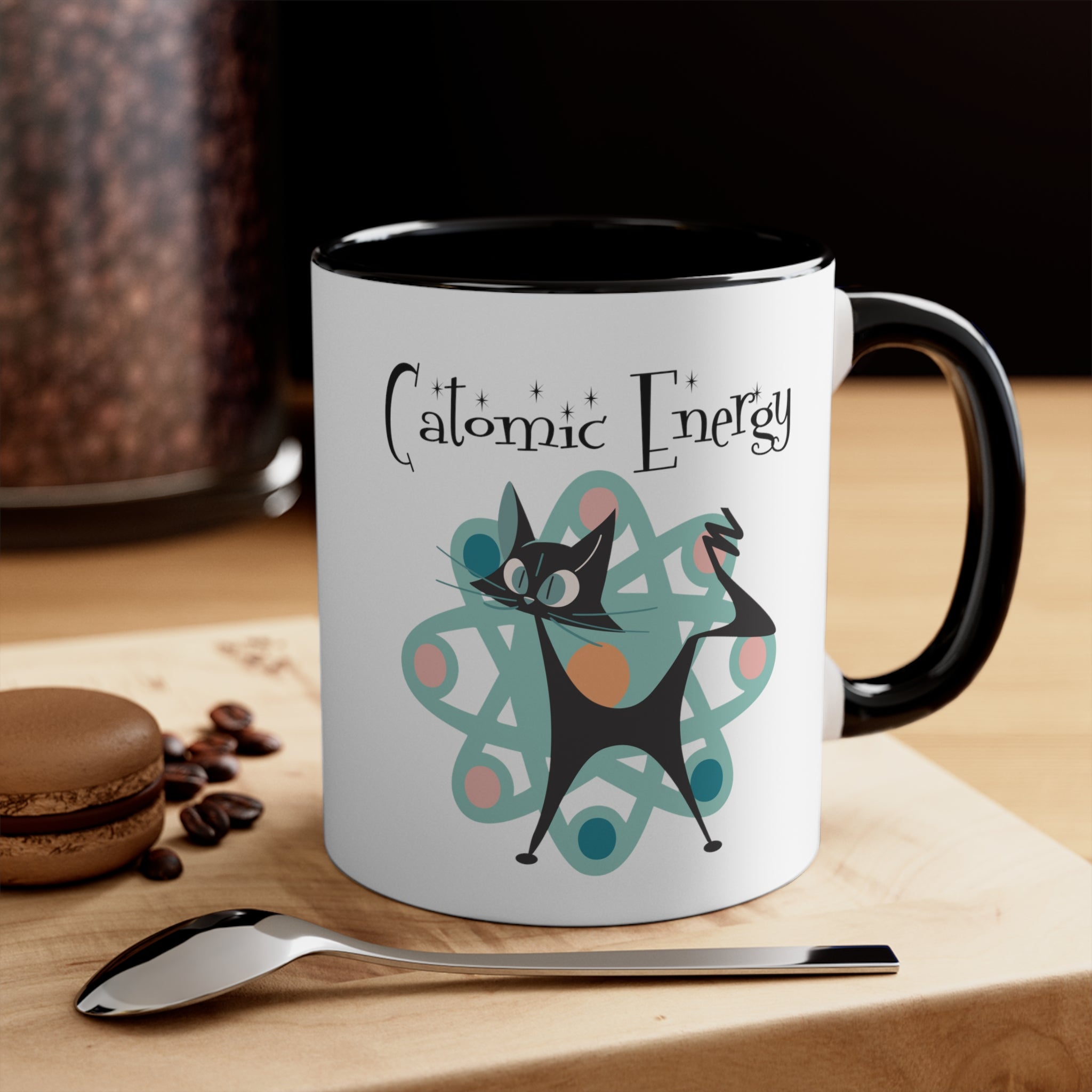 Atomic Cat Coffee Mug, Funny, Quirky Mid Century Modern Atom, Space Age Catomic Energy Coffee Lover Coffee Mug Gift - Mid Century Modern Gal