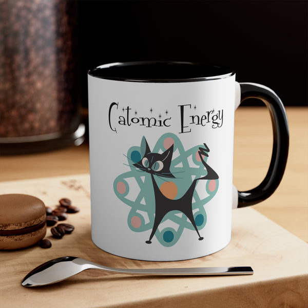 Atomic Cat Coffee Mug, Funny, Quirky Mid Century Modern Atom, Space Age Catomic Energy Coffee Lover Coffee Mug Gift