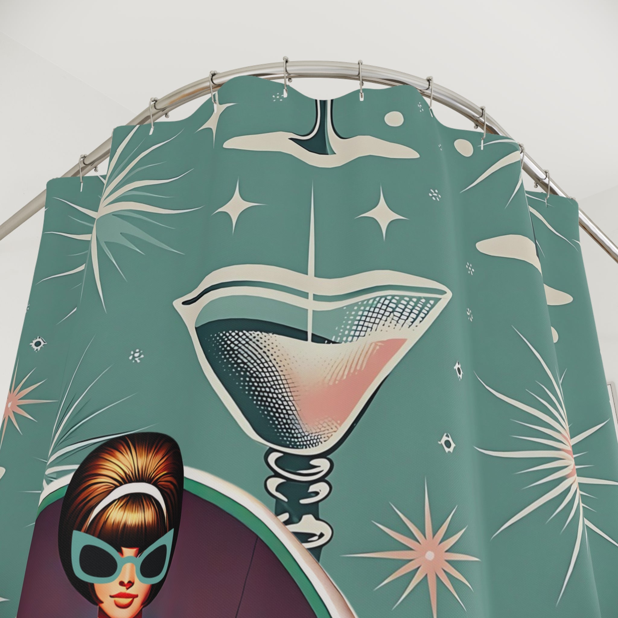 Retro Mod Gal 60s Glamour Shower Curtain with Cocktail Design - Mid Century Modern Gal