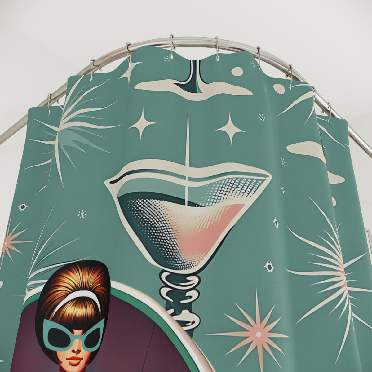 Retro Mod Gal 60s Glamour Shower Curtain with Cocktail Design - Mid Century Modern Gal