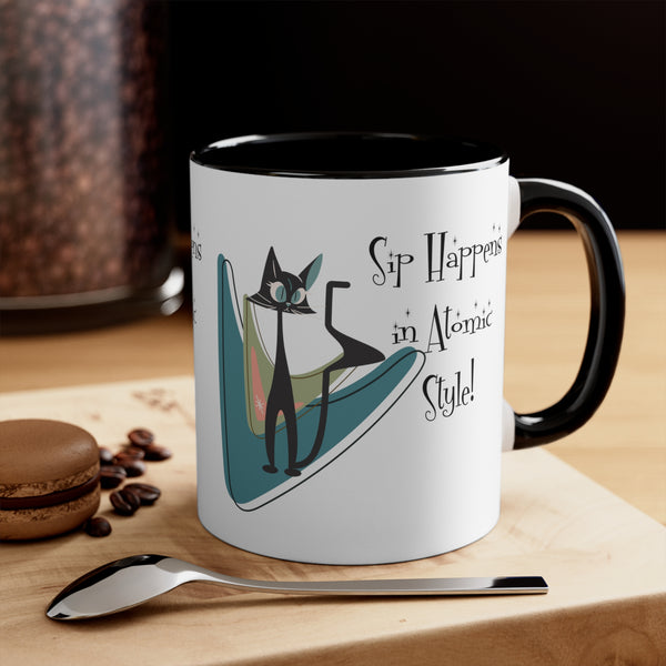 Atomic Cat, Mid Century Modern Drinkware, Coffee Mug, Sip Happens, Retro Boomerang, Kitschy Funny Coffee Lover Gifts