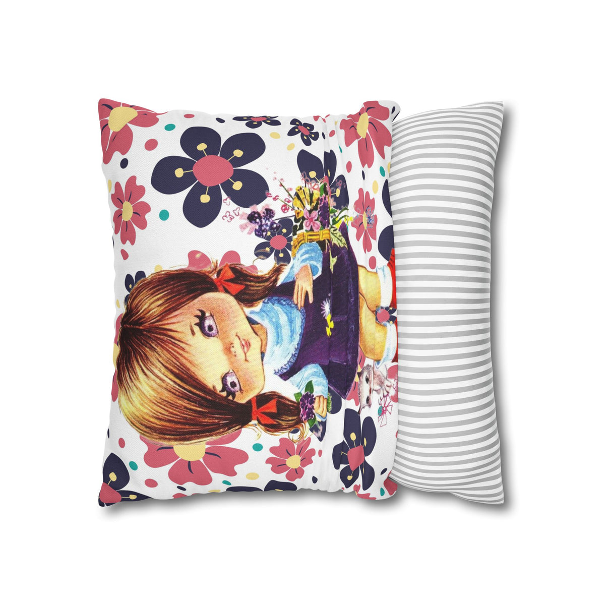 Vintage 60's Big Eyed Cute Girl, Violets, Flower Power, Groovy Hippie Vibes, Pillow COVER Only - Mid Century Modern Gal