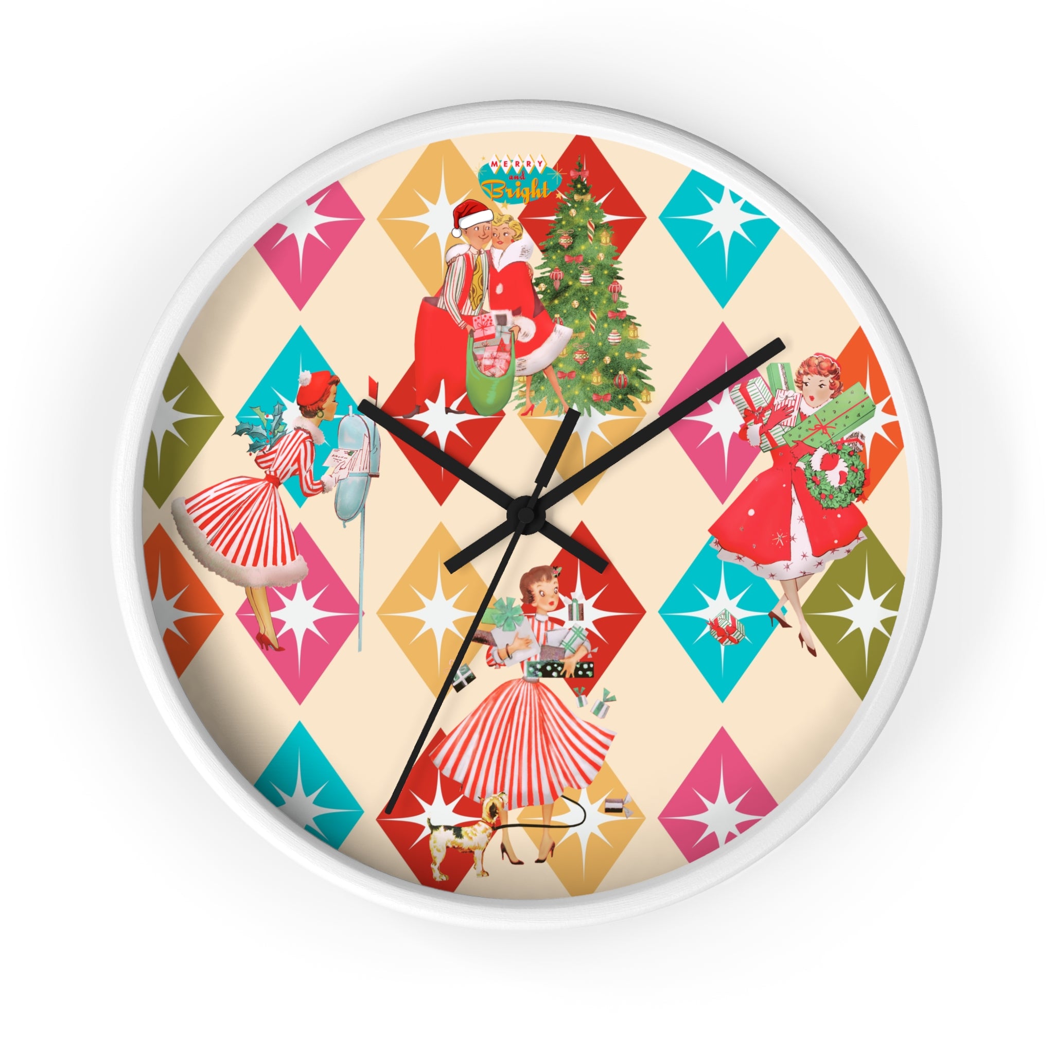 Holiday Retro Vintage Christmas Kitsch, Mid Century Modern Christmas Card Fun Kitschy 50s X-mas Wall Clock - Mid Century Modern Gal