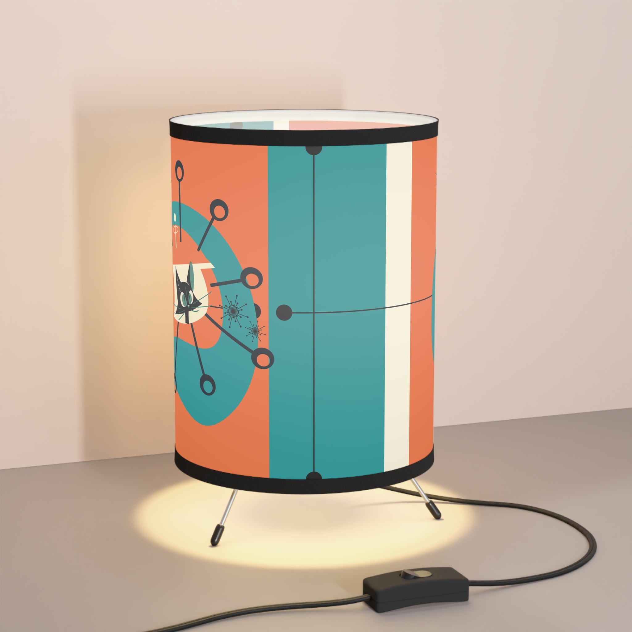 Mid Century Modern Atomic Cat Space Kittie Orange, Teal Tripod Lamp - Mid Century Modern Gal