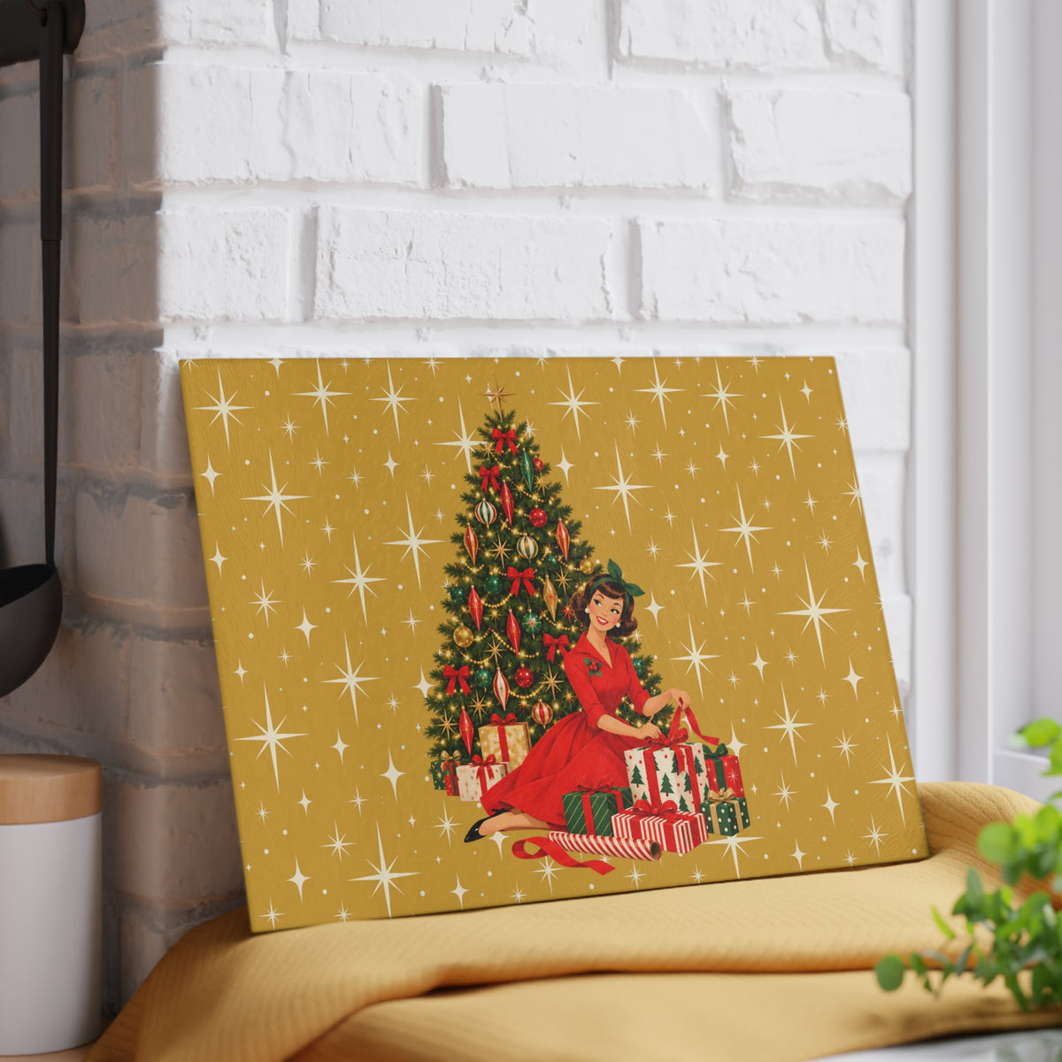 Mid Century Modern Christmas Glamour Gal Wrapping Presents by Tree, Gold Atomic Starbursts Glass Cutting Board