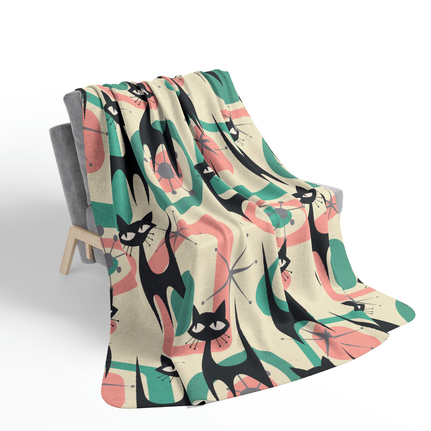 Atomic Home Living, Black Kitschy Cats, Cat Mom Mid Century Modern Designed Sherpa Fleece Blanket - Mid Century Modern Gal
