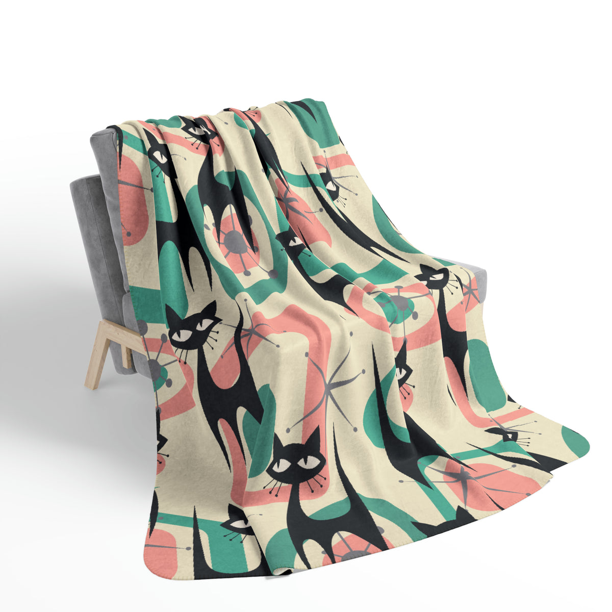 Atomic Home Living, Black Kitschy Cats, Cat Mom Mid Century Modern Designed Sherpa Fleece Blanket - Mid Century Modern Gal