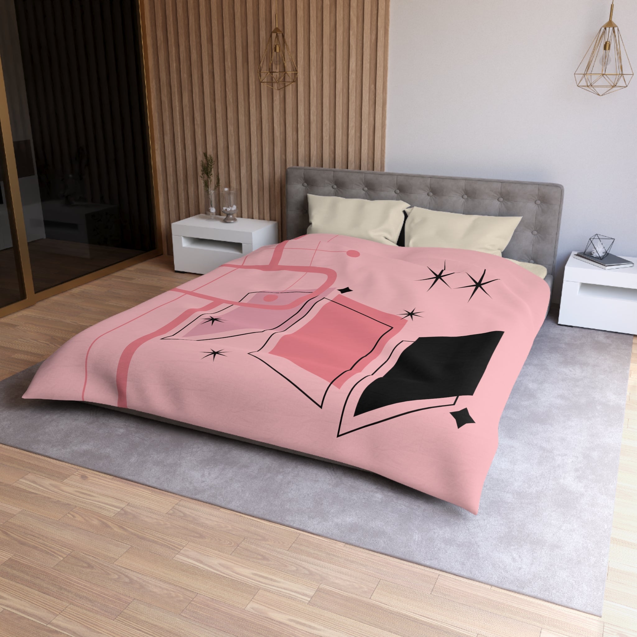 Atomic Pink Mid Century Modern Duvet Cover, Black, Starburst Geometric Retro Room Decor - Mid Century Modern Gal