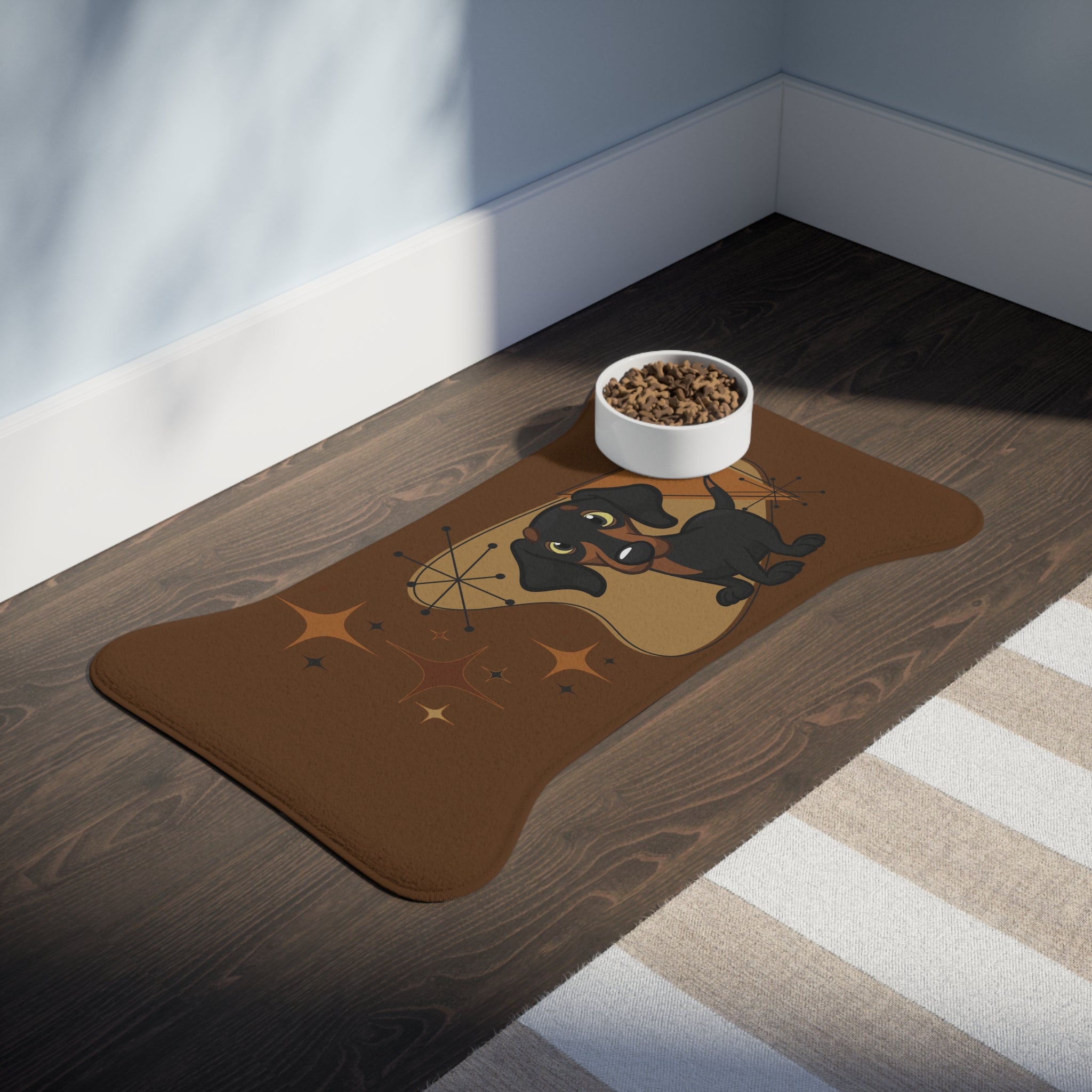 Doxie Dog, Wiener Dog Dachshund Brown Mid Mod Pet Feeding Mats - Mid Century Modern Gal