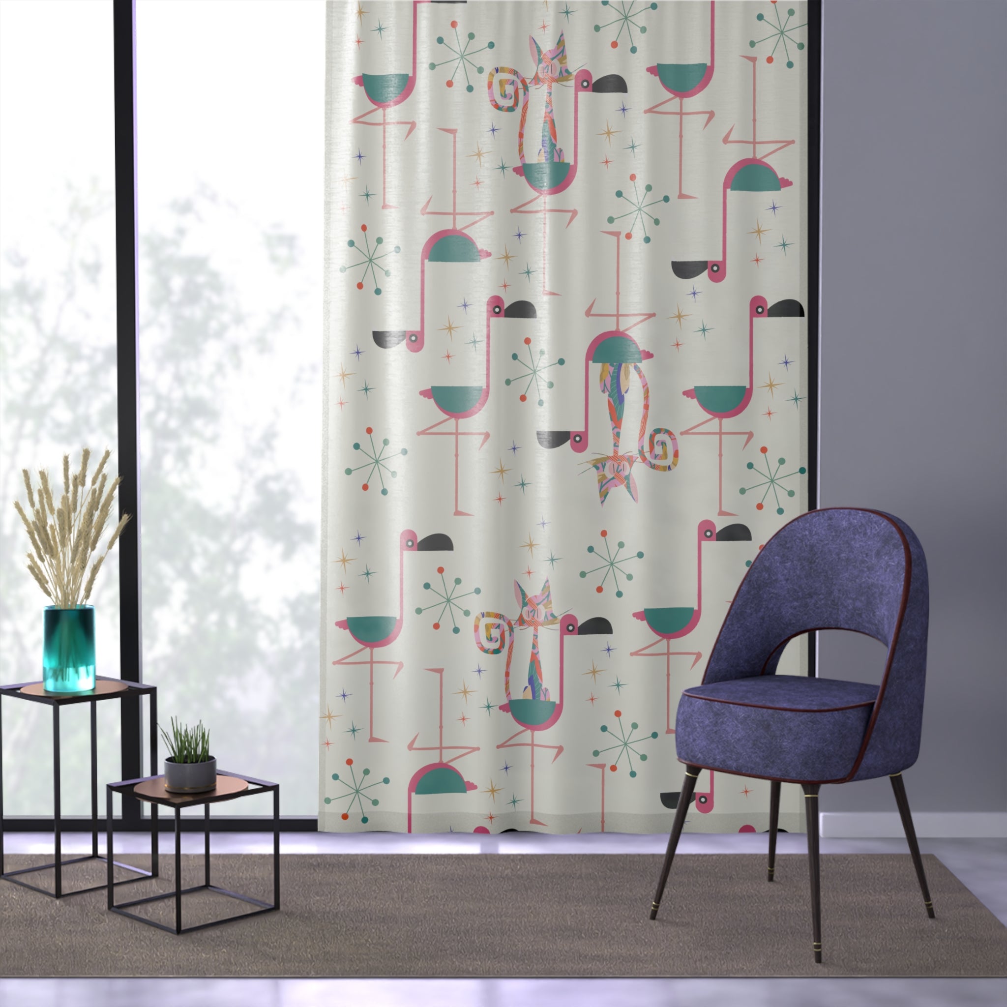 Flamingo Curtains, Palm Springs Cali Style, Quirky Kitschy Atomic Cat, Retro Sheer Window Curtain - Mid Century Modern Gal