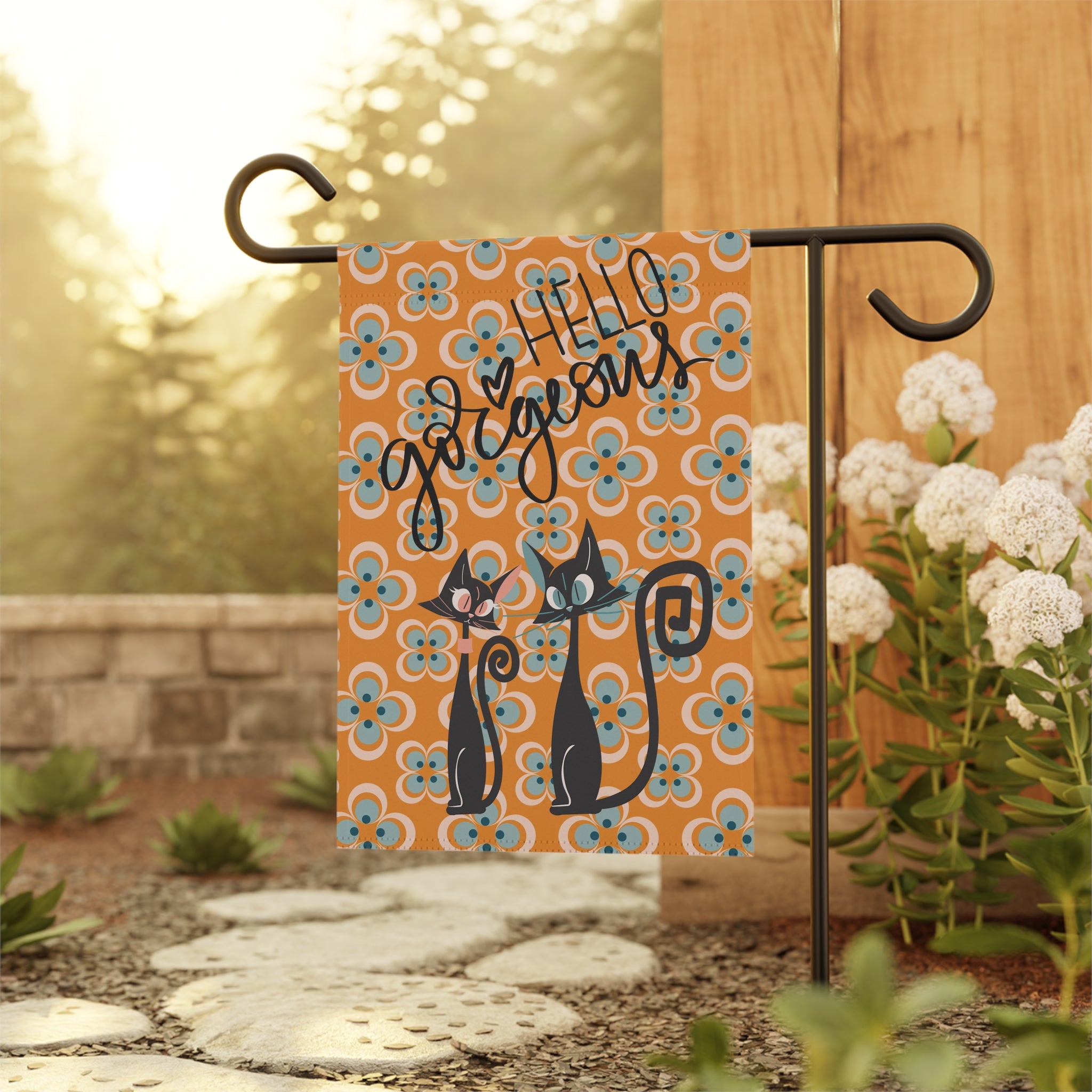 Atomic Cat Mid Mod Scandi Designed Orange Blue, Spring Summer Garden Flag - Mid Century Modern Gal