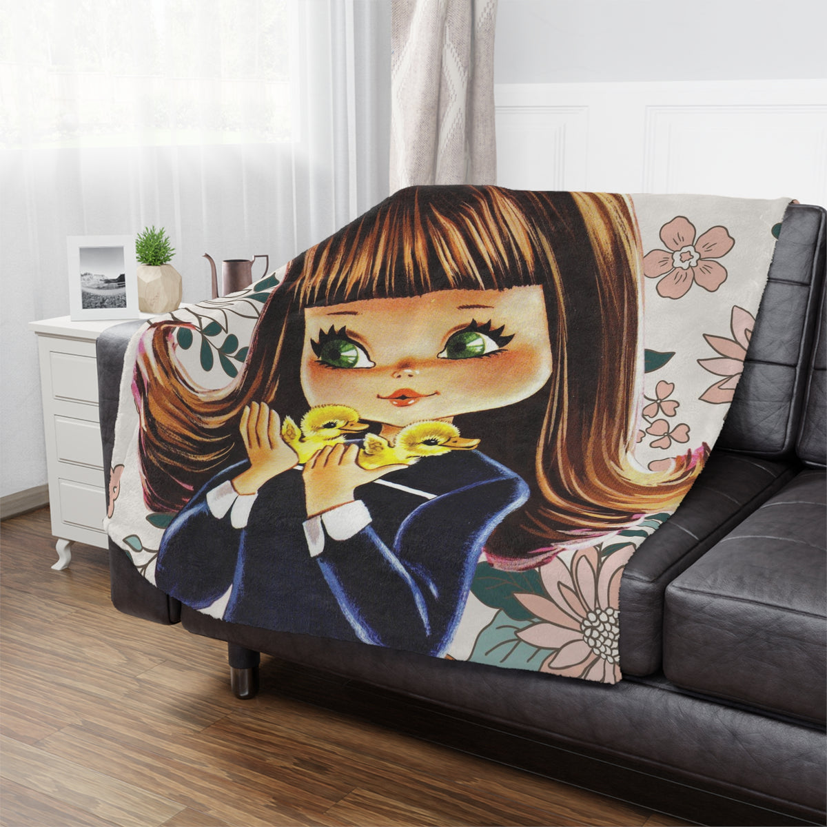70's Groovy Style, Big Eyed Girl, Brown Hair, Flower Power, Baby Ducklings, Retro 1970's Home Decor Minky Blanket - Mid Century Modern Gal