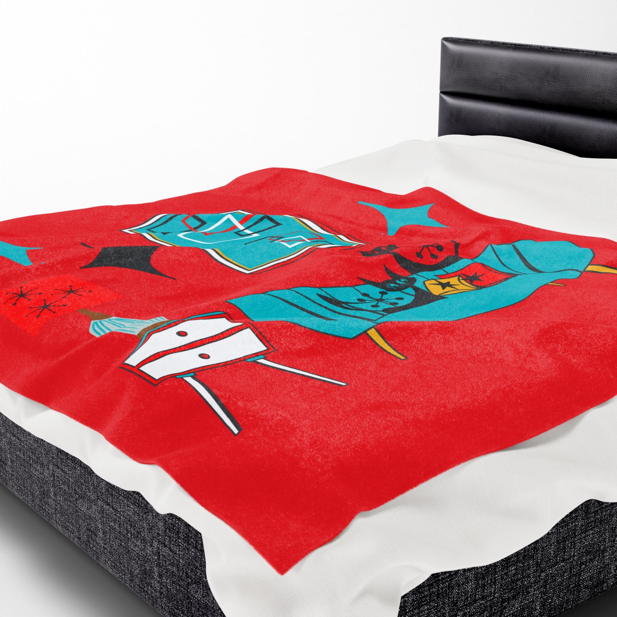 Atomic Cat Art, Cozy Mid Century Modern, Retro Red, Aqua Blue, Teal, Starburst, Black Cat Lover Sherpa Blanket - Mid Century Modern Gal
