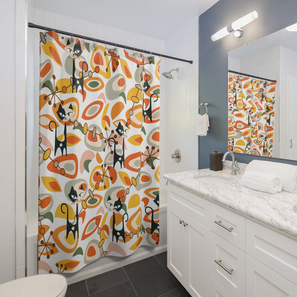 Atomic Cat Kitschy Shower Curtain, Orange Yellow Geometric MID Mod Bath Decor