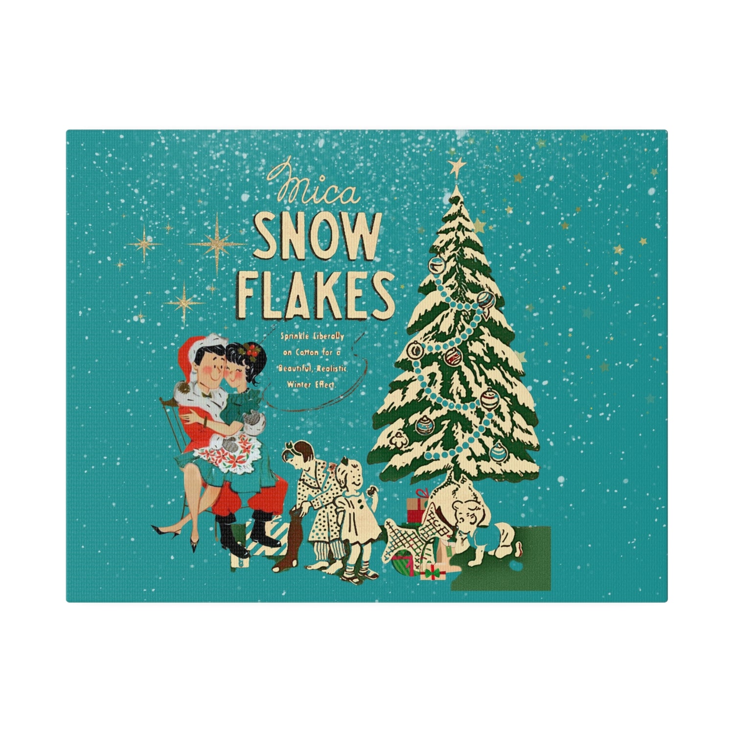 Mid Century Modern Kitschy Christmas Mantel Wall Art, Teal Blue, Mica Snow 50s Mod Couple Christmas Scene Canvas Art - Mid Century Modern Gal