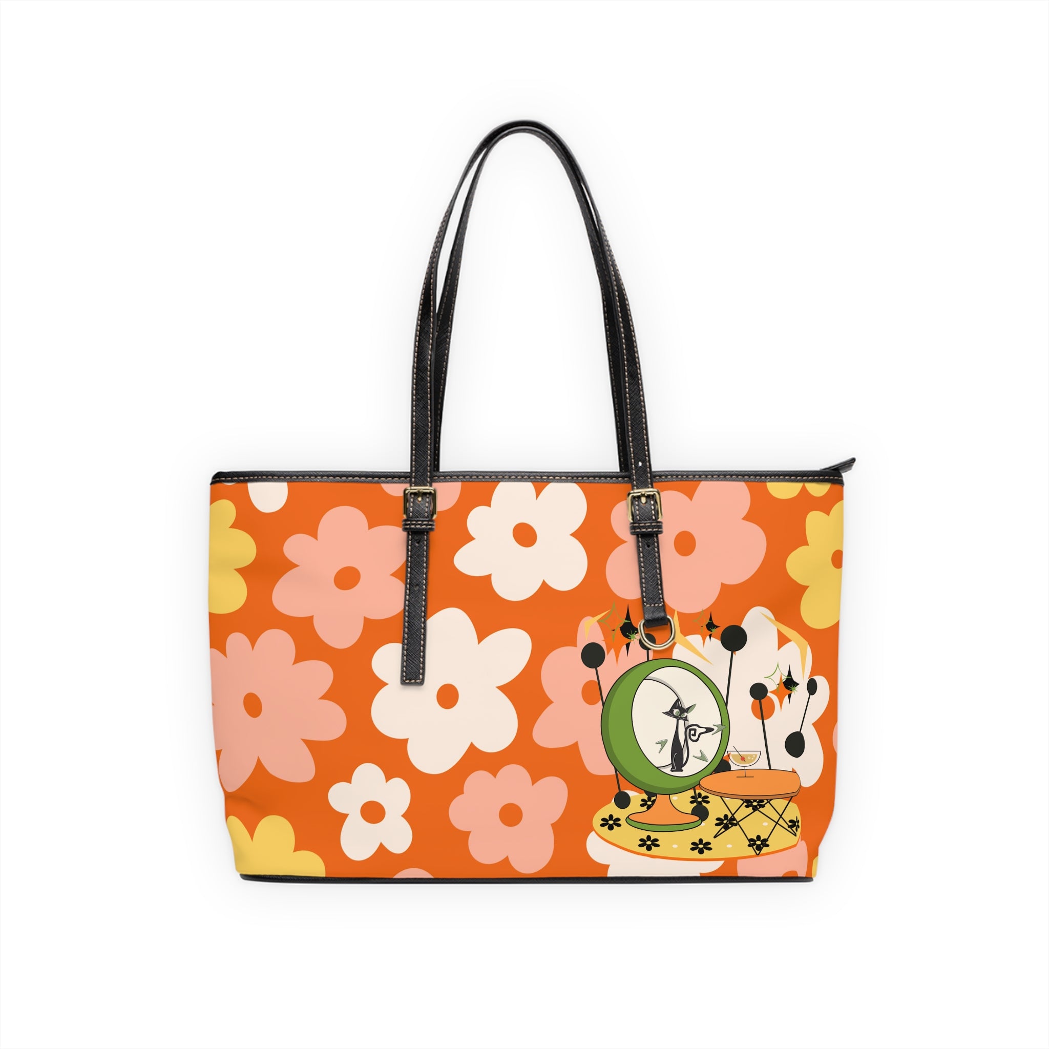 Atomic Cat Handbag, Shoulder Bag, Retro Summer Vibes Funky Floral Stylish Tote for Everyday Use - Mid Century Modern Gal