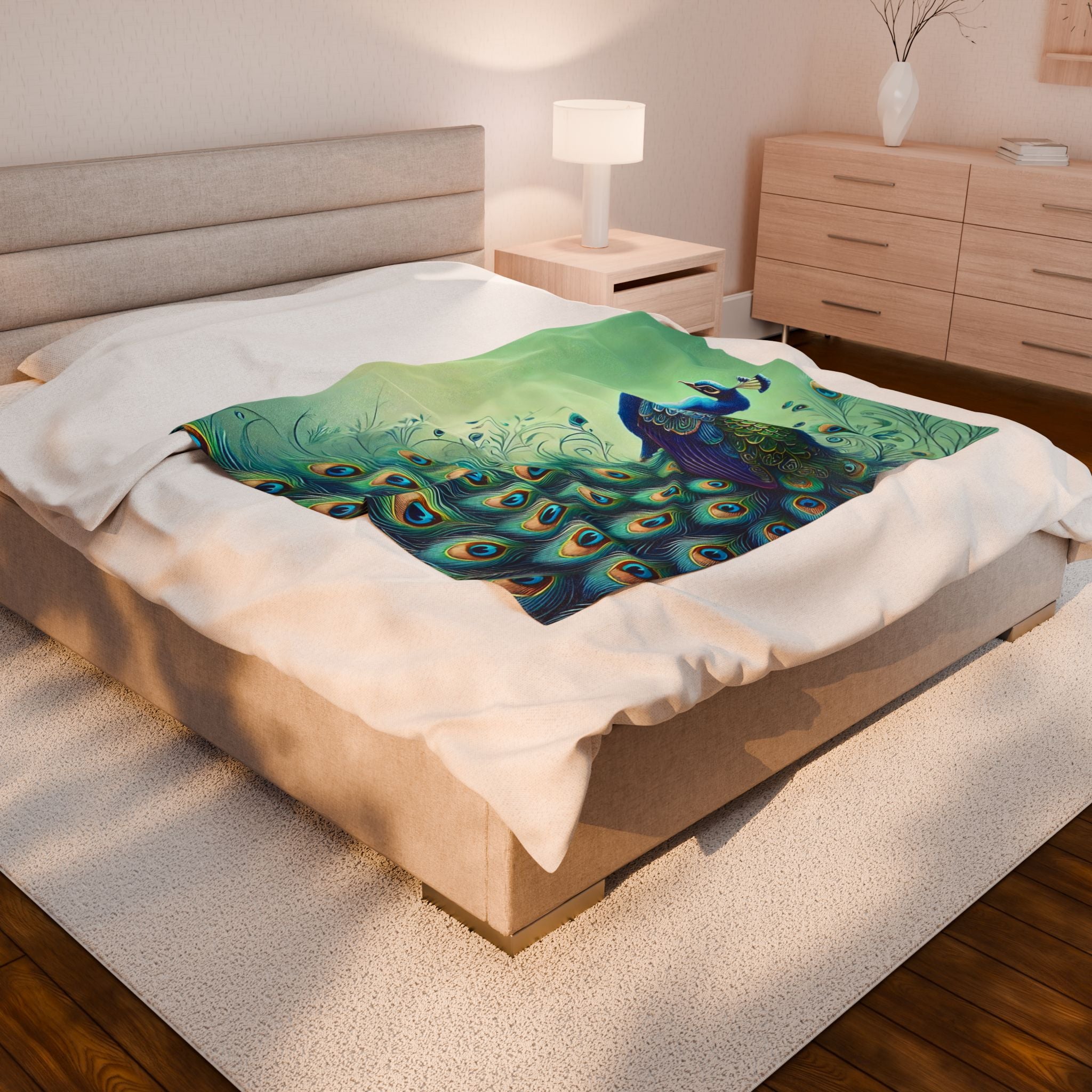 Chinoiserie Throw Blanket, Vibrant Peacock Velveteen Plush Blanket - Cozy Décor for Home and Gifts - Mid Century Modern Gal