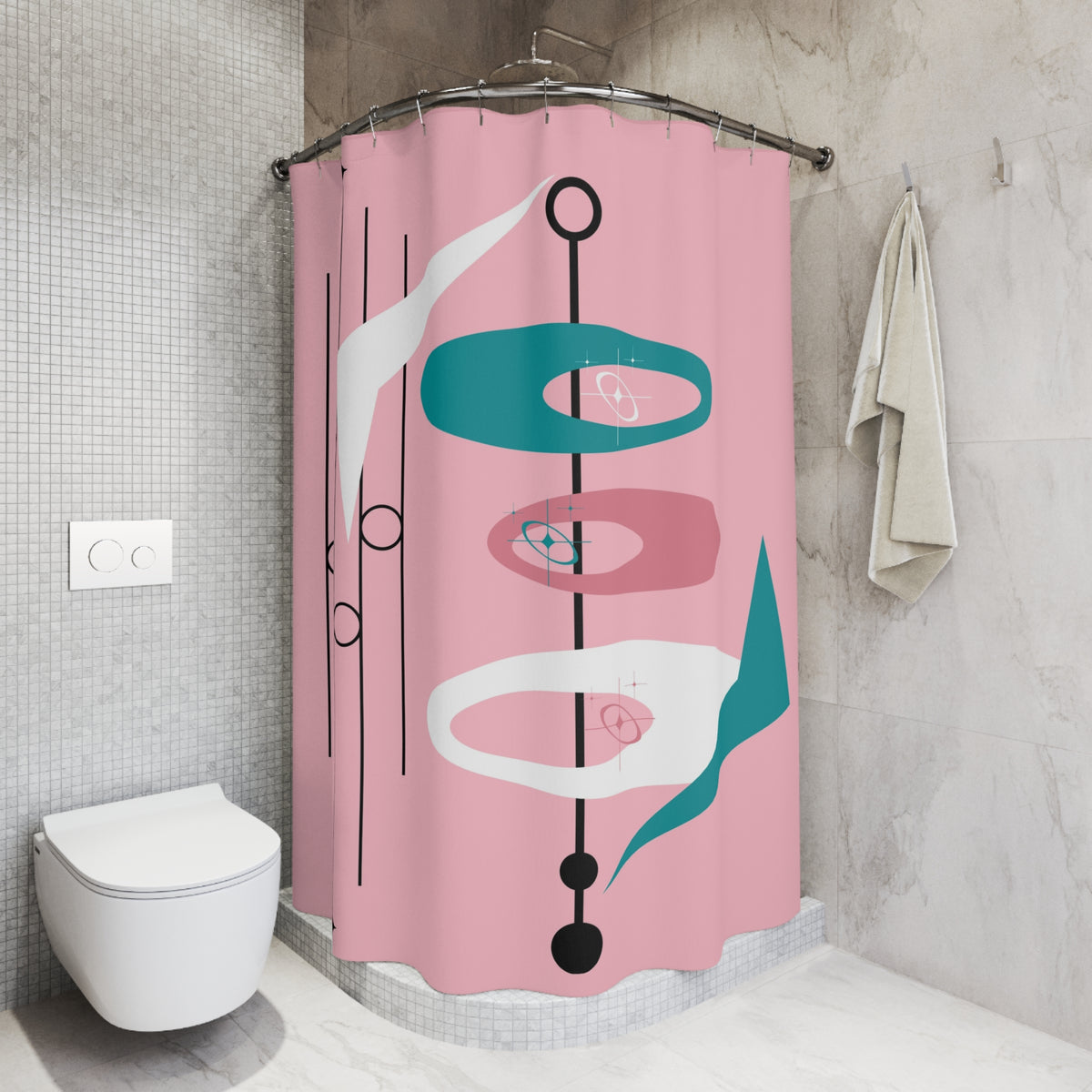 Mid-Century Modern Atomic Pink, Teal, White Retro Shower Curtain - Retro Pink & Teal Design - Mid Century Modern Gal