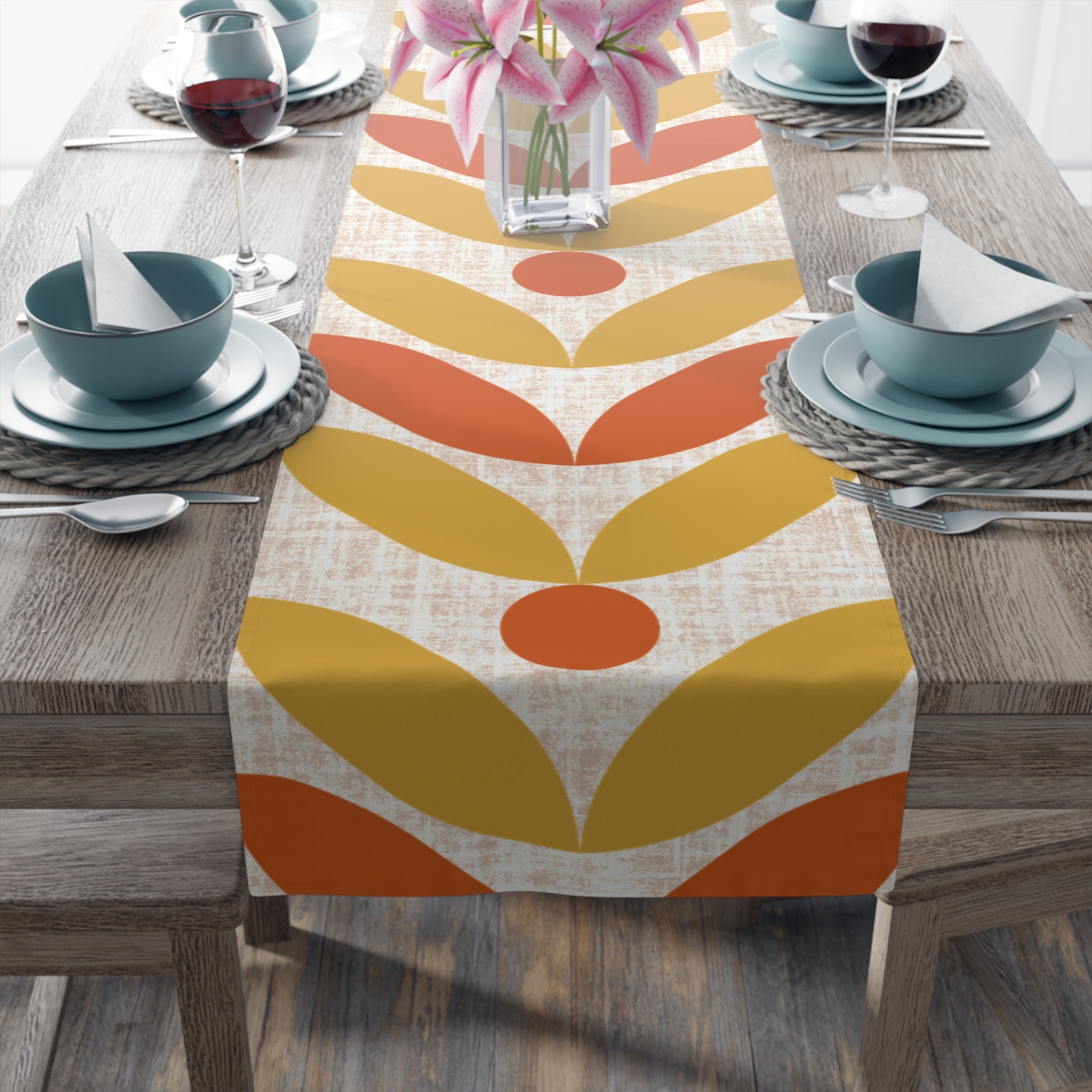 Mid Mod Scandinavian Flower, Orange Yellow Retro Table Runner - Mid Century Modern Gal