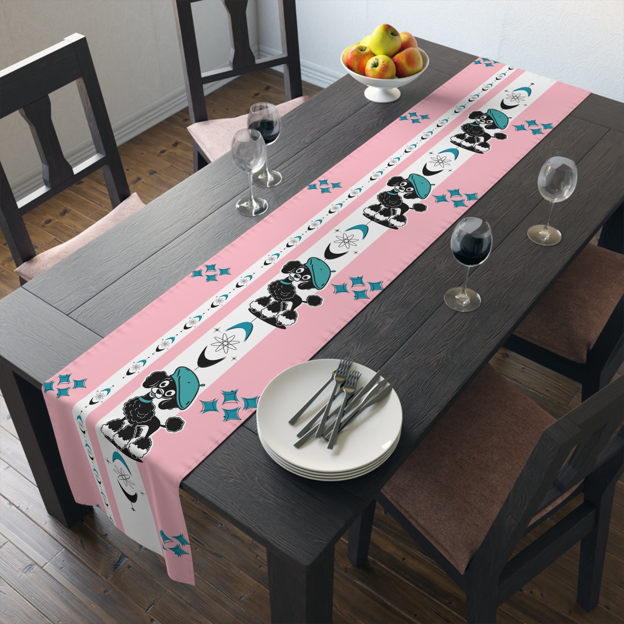 Atomic Poodle Mid Century Modern Pink Whimsical Cosmic Table Runner - Mid Century Modern Gal