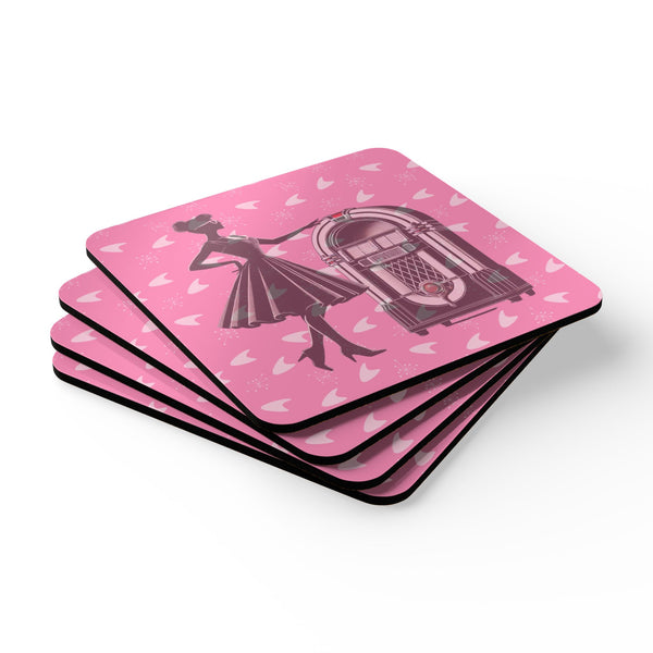50s Diner, Pink Retro Jukebox Cork Coaster Set, Vintage Coasters, Bar Decor, Gift for Music Lovers