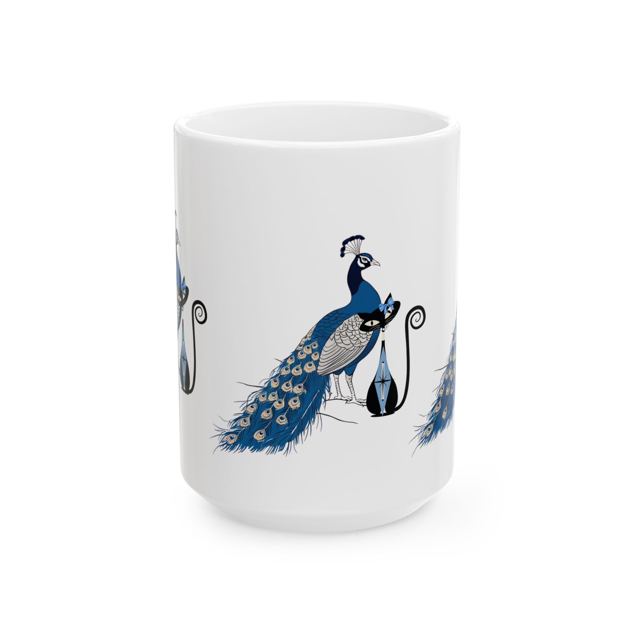 Atomic Cat Mug Blue Chinoiserie Peacock MCM Black Cat Mug Vintage Inspired Gift Elegant Peacock Ceramic Mug - Mid Century Modern Gal
