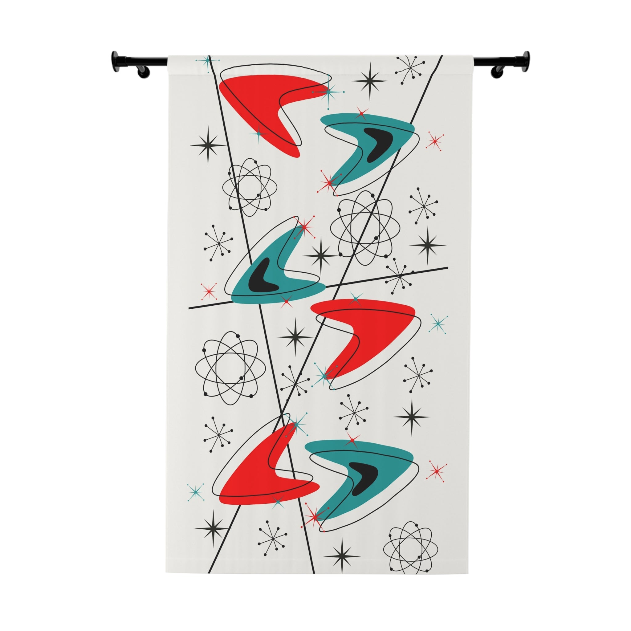 Mid Century Modern Atomic Boomerangs Red, Teal Starburst Retro Futurist Window Curtains (1 Piece) - Mid Century Modern Gal