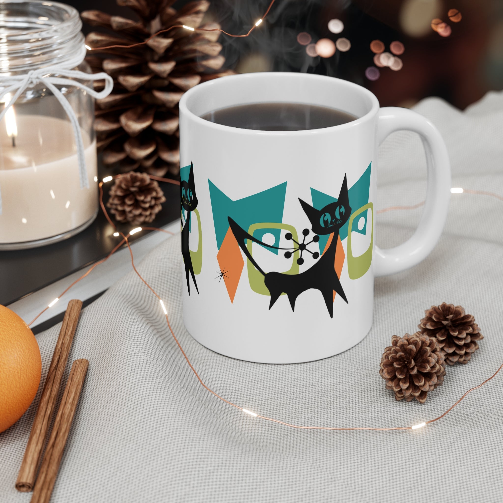 Atomic Cat Mid Century Modern Whimsical Cat Graphic Mug - 11oz Coffee Cup for Cat Lovers - Mid Century Modern Gal