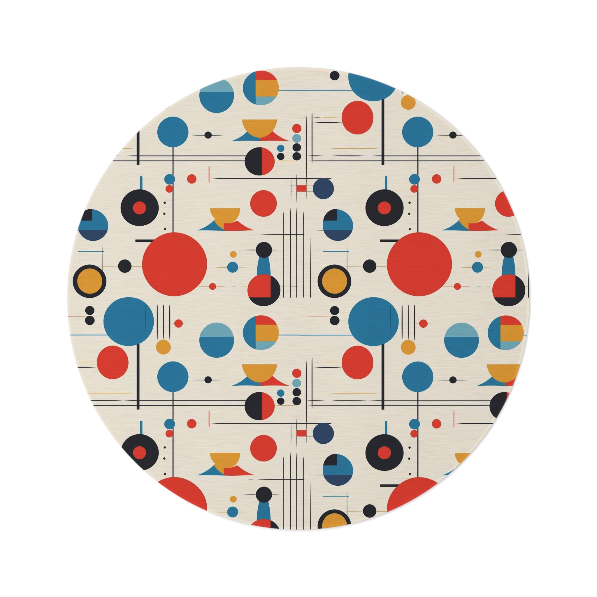 Bauhaus Geometric Linear Lines, Circles, Mid Mod Round Rug - Mid Century Modern Gal