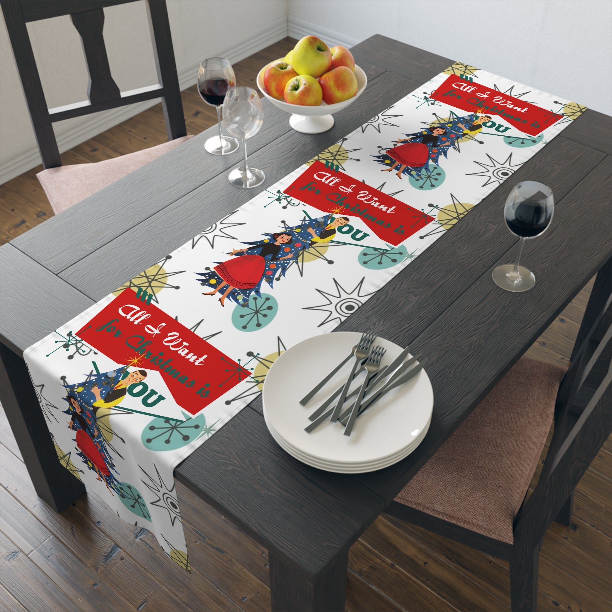 All I want For Christmas Is You, Kitschy MCM Christmas Festive Table Runner - Mid Century Modern Gal