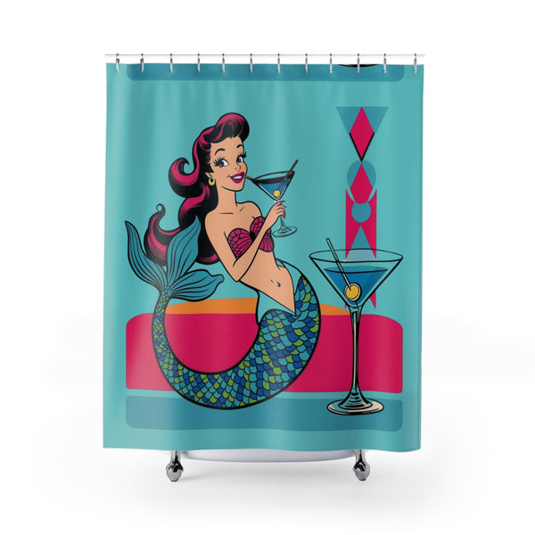 Mid Mod Vintage Mermaid Martini Sippen' Shower Curtain - Fun Bathroom Decor for Beach Lovers