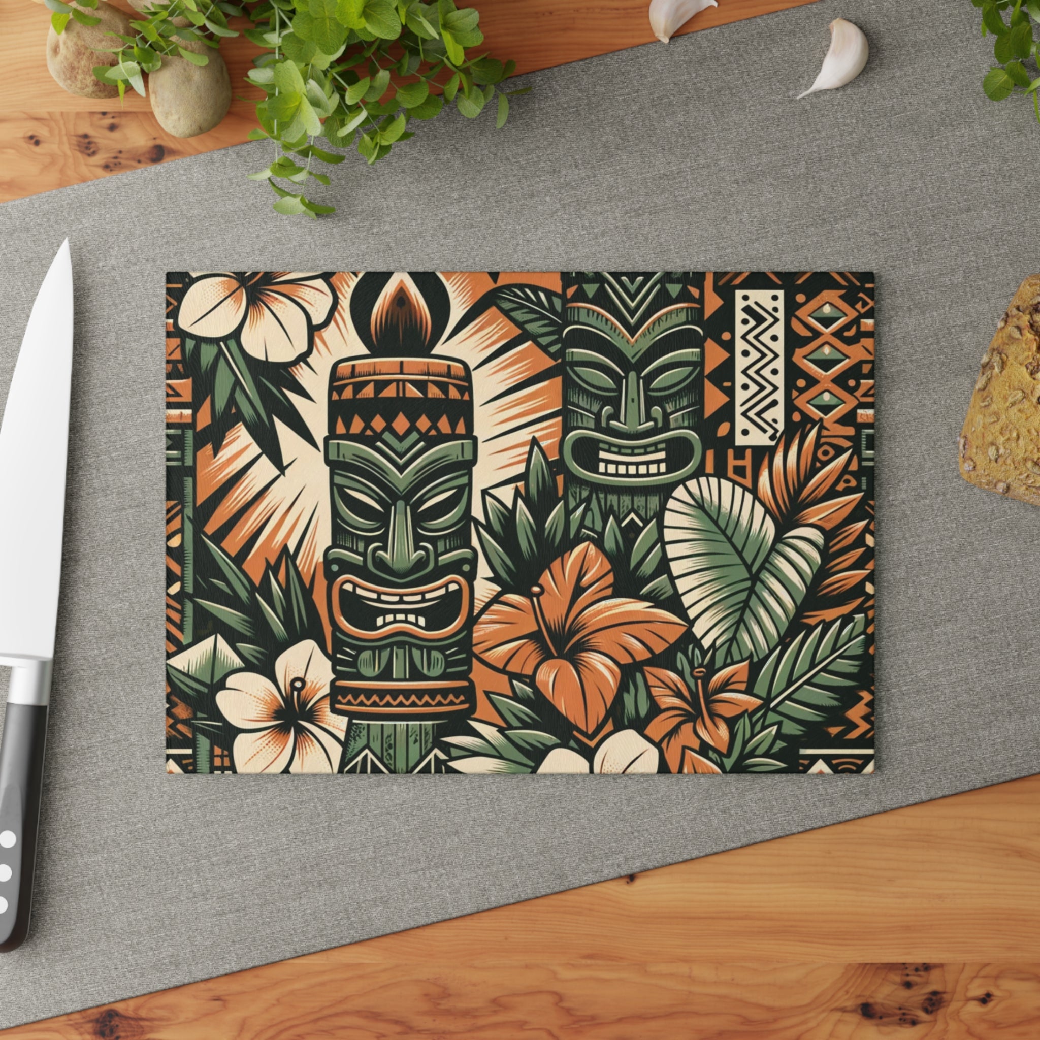 Tiki Idol, Polynesian Design, Green, Orange, Brown, Mid Century Modern Tiki Party Glass Cutting Board - Mid Century Modern Gal