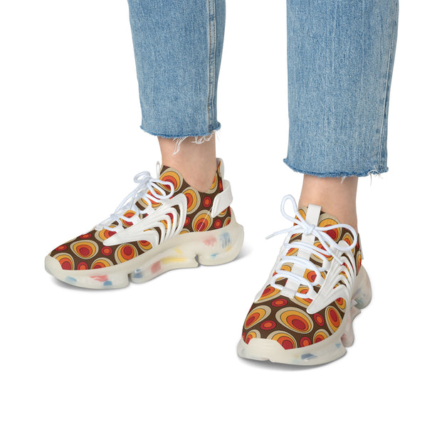 Retro Groovy Orbs, Brown, Orange Yellow Hip Style Women's Mesh Sneakers with Colorful Design