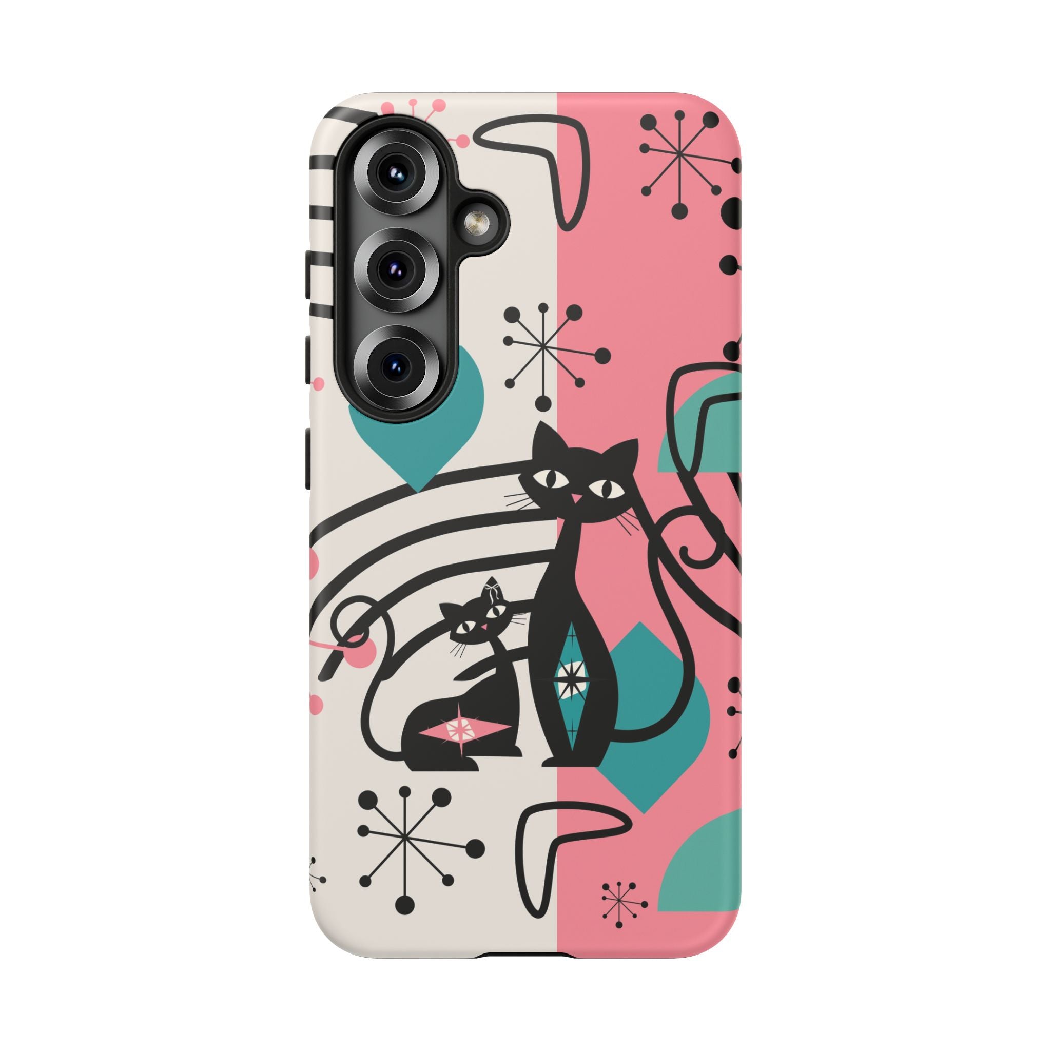 Mid Mod Atomic Cat Boomerang Starburst, Pink, Black Kitschy Stylish Cat Phone Case: Modern Design for Cat Lovers